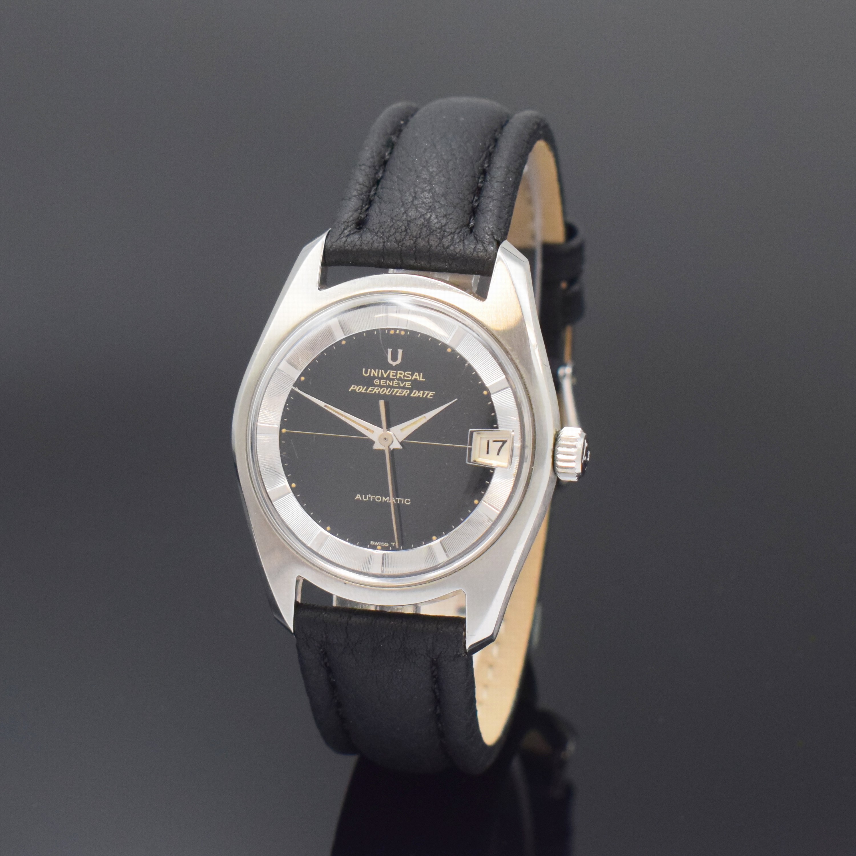 UNIVERSAL GENEVE Polerouter Herrenarmbanduhr Referenz 869113/01, Schweiz um 1965, Automatik, Edelstahlgeh., Boden verschr., schwarzes Zifferbl. m. ...