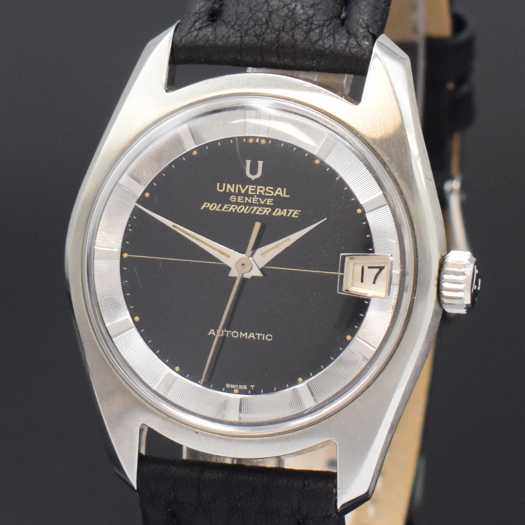 Detail a: UNIVERSAL GENEVE Polerouter Herrenarmbanduhr Referenz 869113/01, Schweiz um 1965, Automatik, Edelstahlgeh., Boden verschr., schwarzes Zifferbl. m. ...
