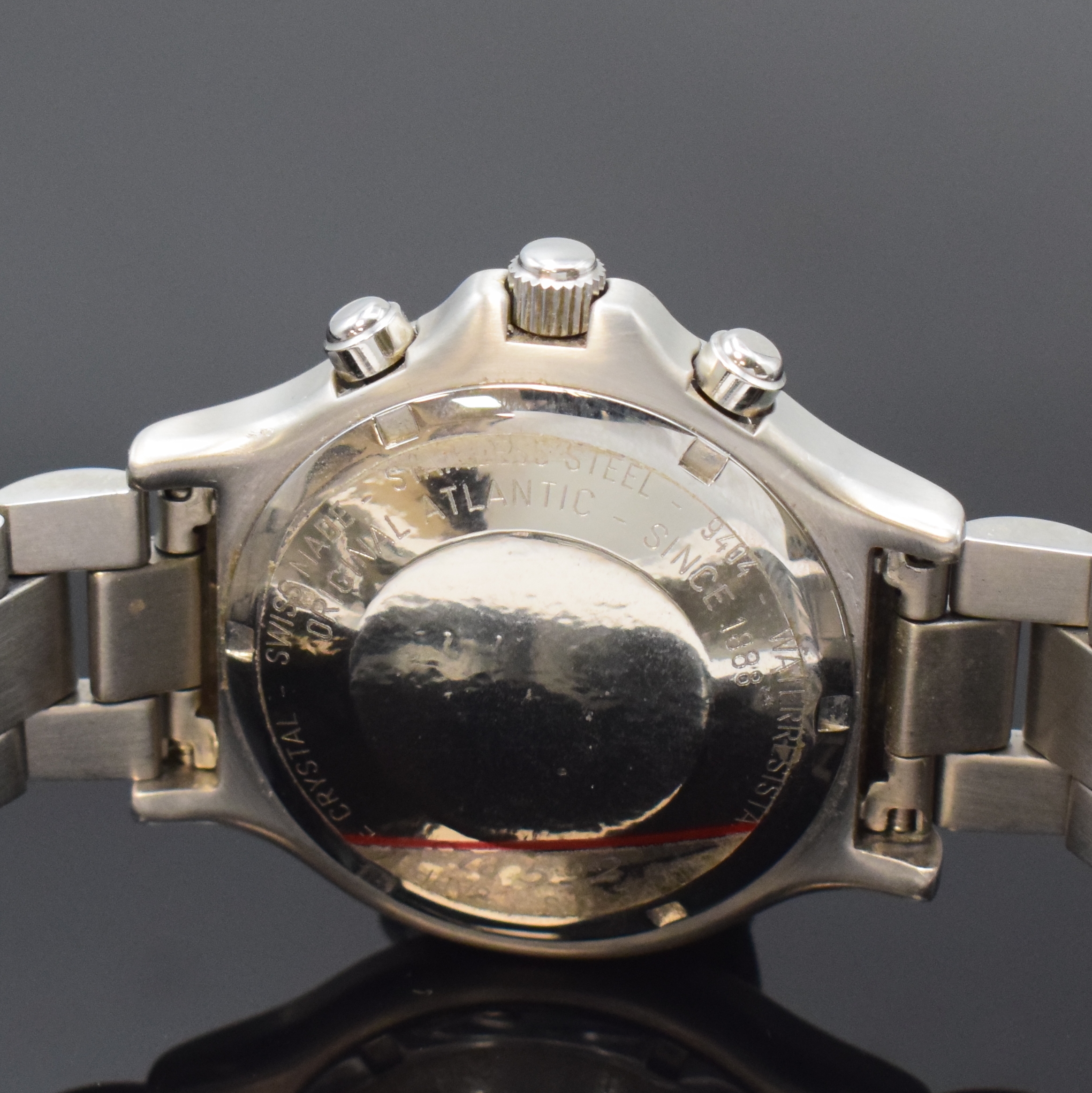 Detail d: ATLANTIC Skipper Regatta-Chronograph in Edelstahl, Schweiz um 1995, verschr. Edelstahlgeh., orig. Gliederband m. Faltschl., Tauchverlängerung, ...