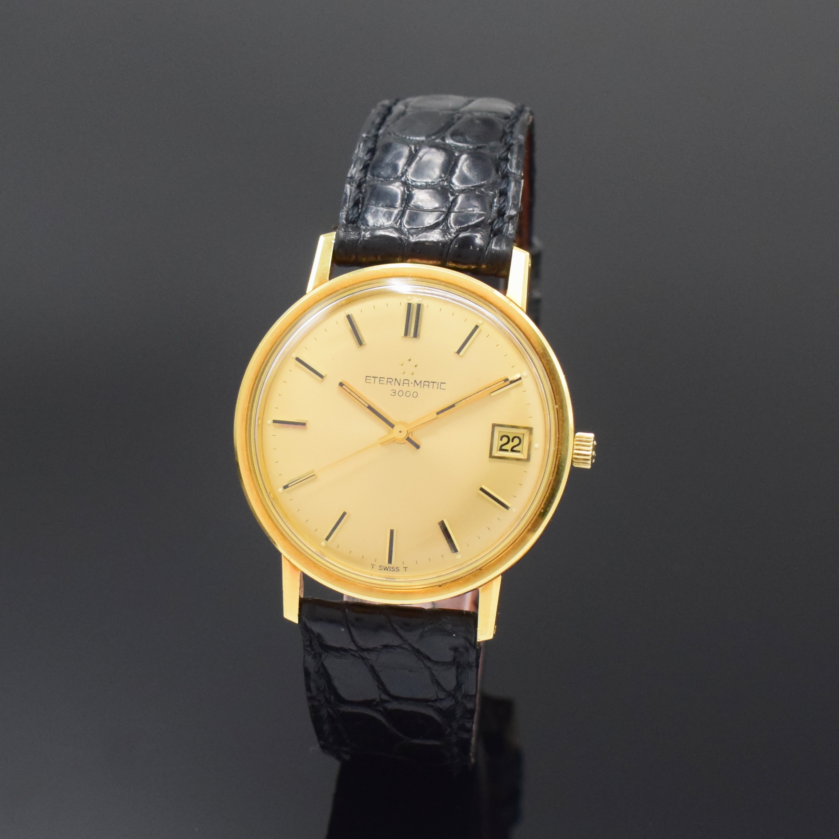 ETERNA-MATIC 3000 Herrenarmbanduhr in GG 750/000 Referenz 746T, Schweiz um 1965, Automatik, Boden verschr., neutr. Lederband mit orig. verg. ...