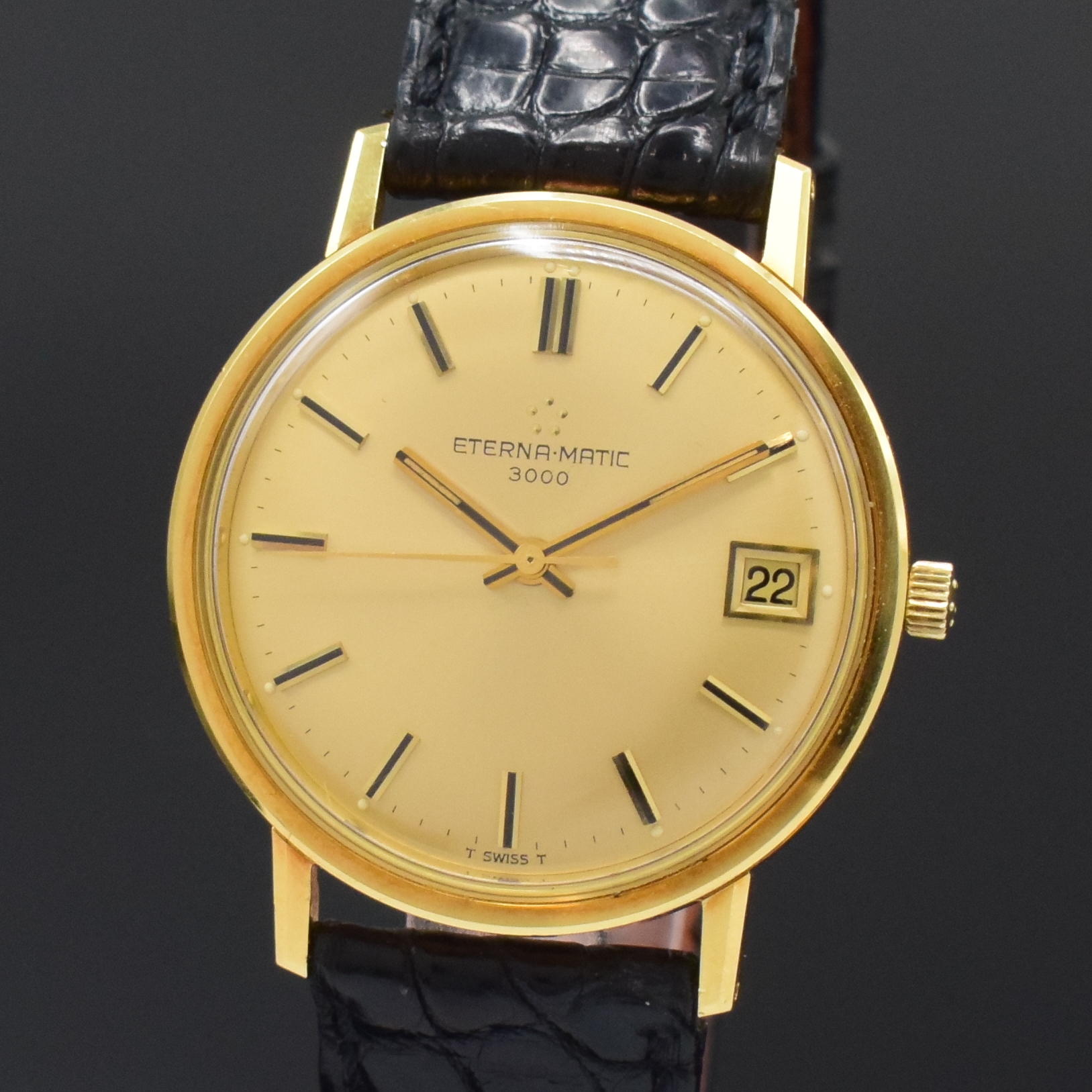 Detail a: ETERNA-MATIC 3000 Herrenarmbanduhr in GG 750/000 Referenz 746T, Schweiz um 1965, Automatik, Boden verschr., neutr. Lederband mit orig. verg. ...