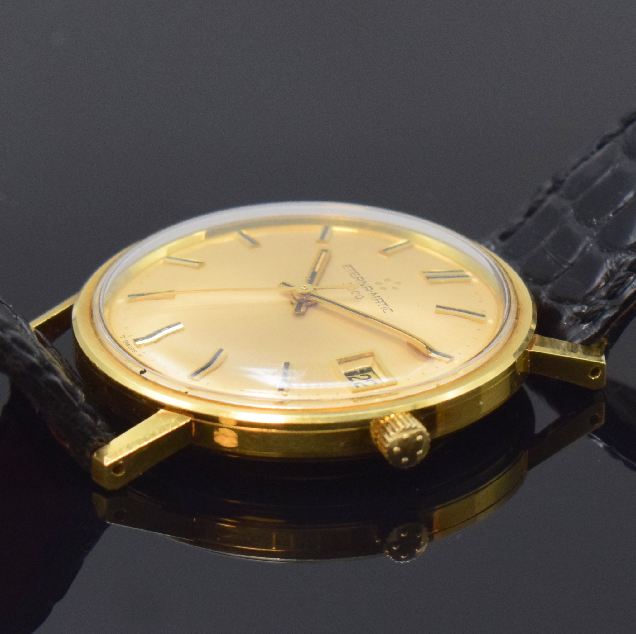 Detail c: ETERNA-MATIC 3000 Herrenarmbanduhr in GG 750/000 Referenz 746T, Schweiz um 1965, Automatik, Boden verschr., neutr. Lederband mit orig. verg. ...