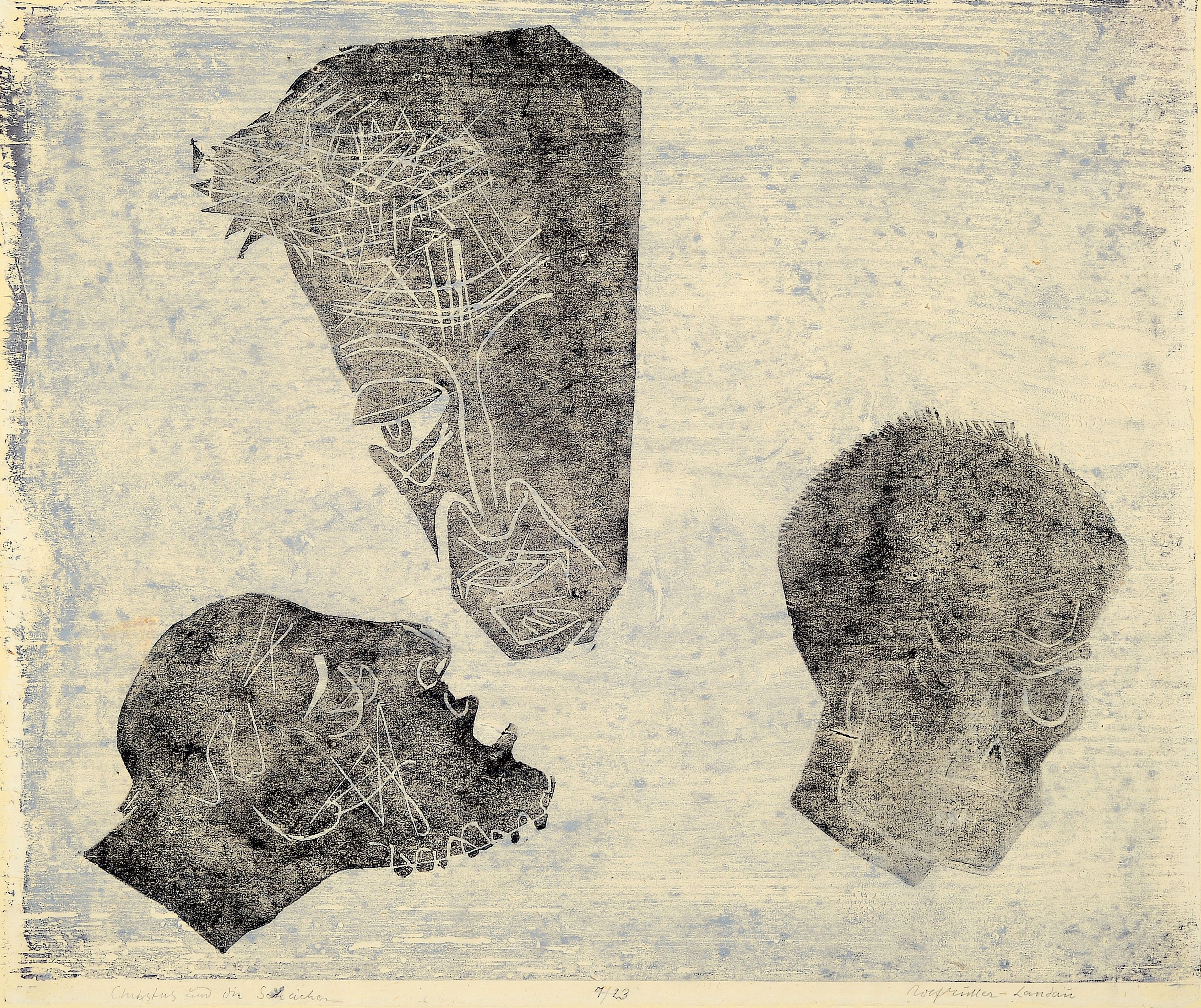 Rolf Müller-Landau, 1903-1956, Monotypie, Christus und die Schächer, handsign., betitelt und num. 7/23, ca. 43x51cm, u.Gl., R. ca. 51x61cm