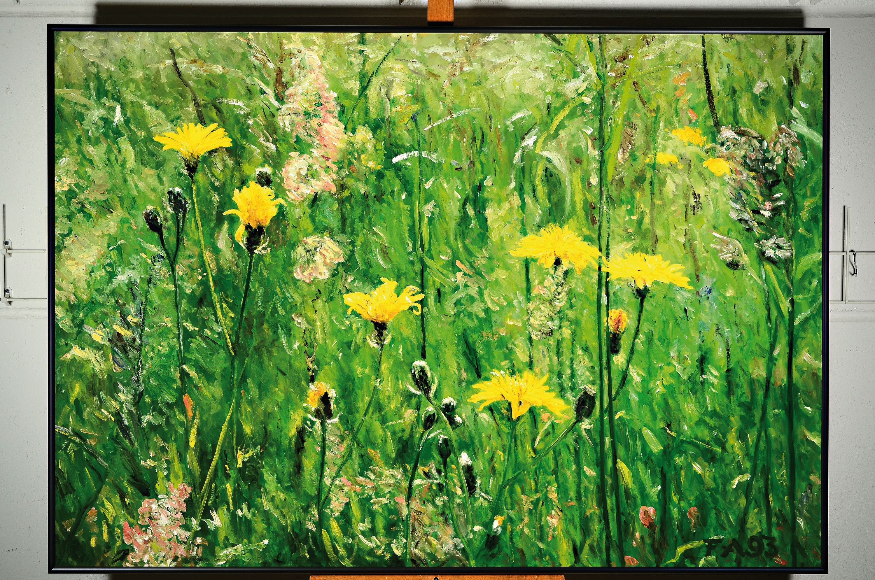Detail k: Monogrammist FA, datiert 1993, Wiese mit Löwenzahn, Öl/Lwd, rechts unten monogr. F.A. und dat. 93, ca. 105x150cm