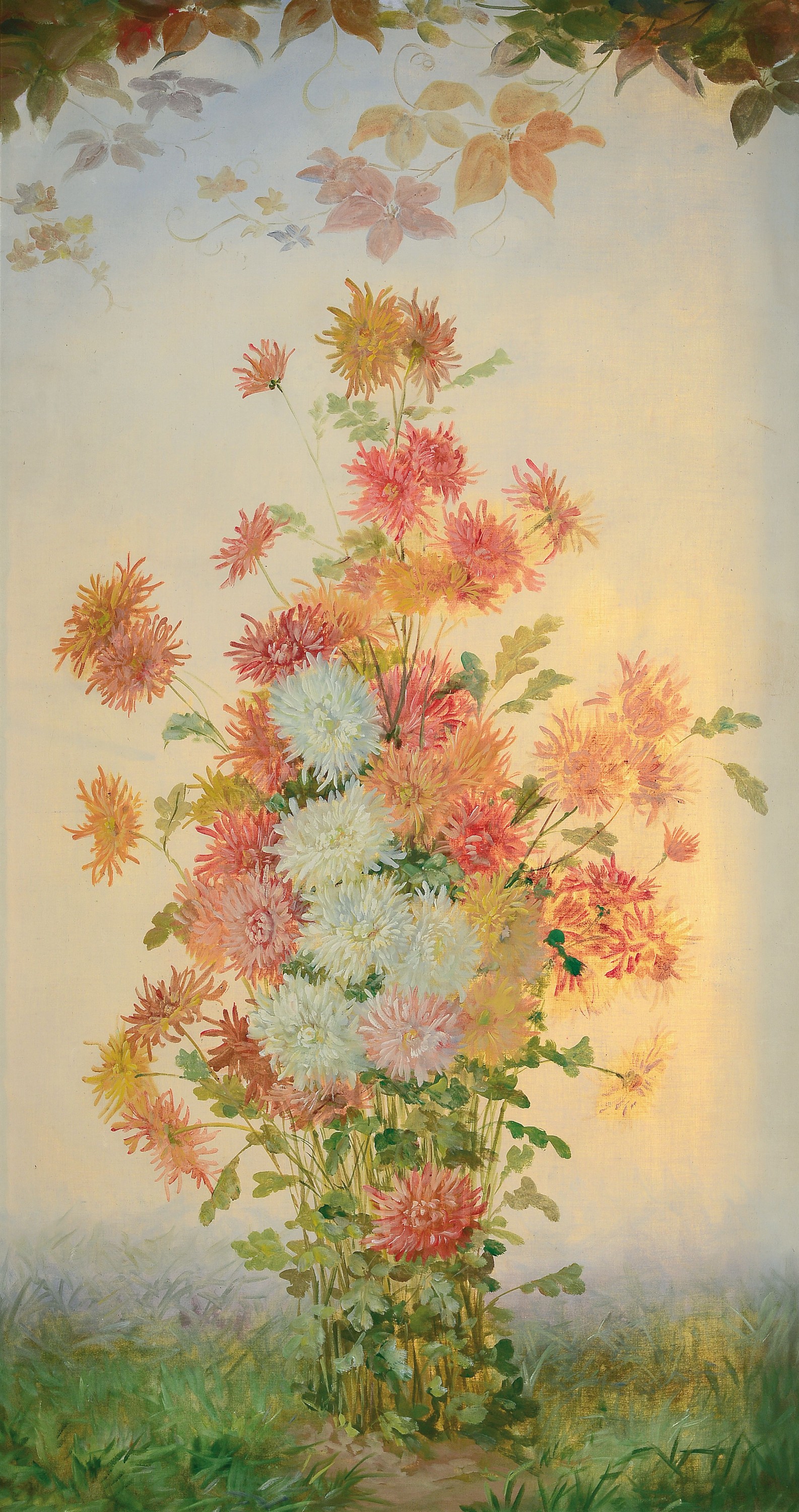 Unbekannter Künstler, 1. Hälfte 20. Jh., Herbstliches Stillleben mit Astern und Weinlaub, Öl/Lwd, unsigniert, ca. 140x74cm, R. ca. 146x80cm