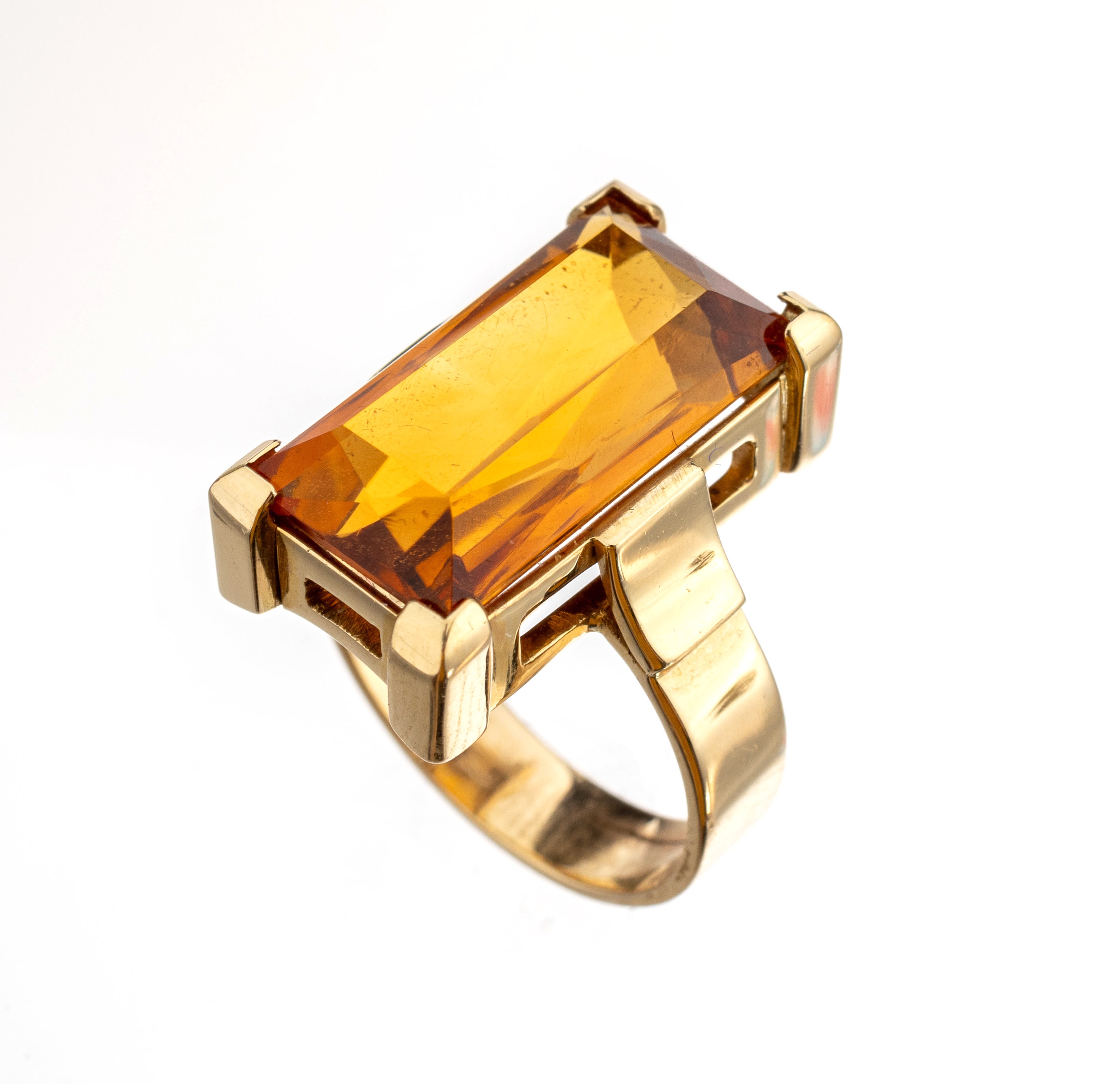 14 kt Gold Citrin-Ring, GG 585/000, facett.Citrin-Rechteck ca. 6.00 ct, ca. 8.4 g, RW 55