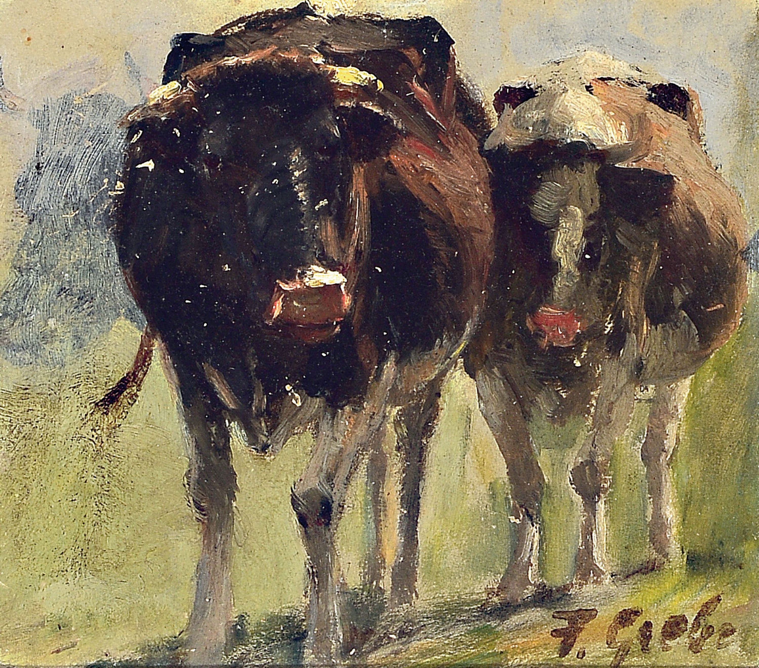 Fritz Grebe, 1850 Heisebeck-1924 Düsseldorf, zwei Kühe, Öl/Malkarton, rechts unten sign., ca. 1x12cm, R. ca. 32x28cm, Studium an der Akademie ...