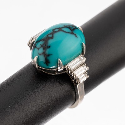 Image Platinum turquoise-diamond-ring , centered oval turquoise cabochon approx. 5.00 ct, 6 ...