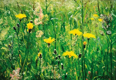 Image Monogrammist FA, dated 1993, meadow with dandelions, oil/canvas, monogr. lower right. FA. ...