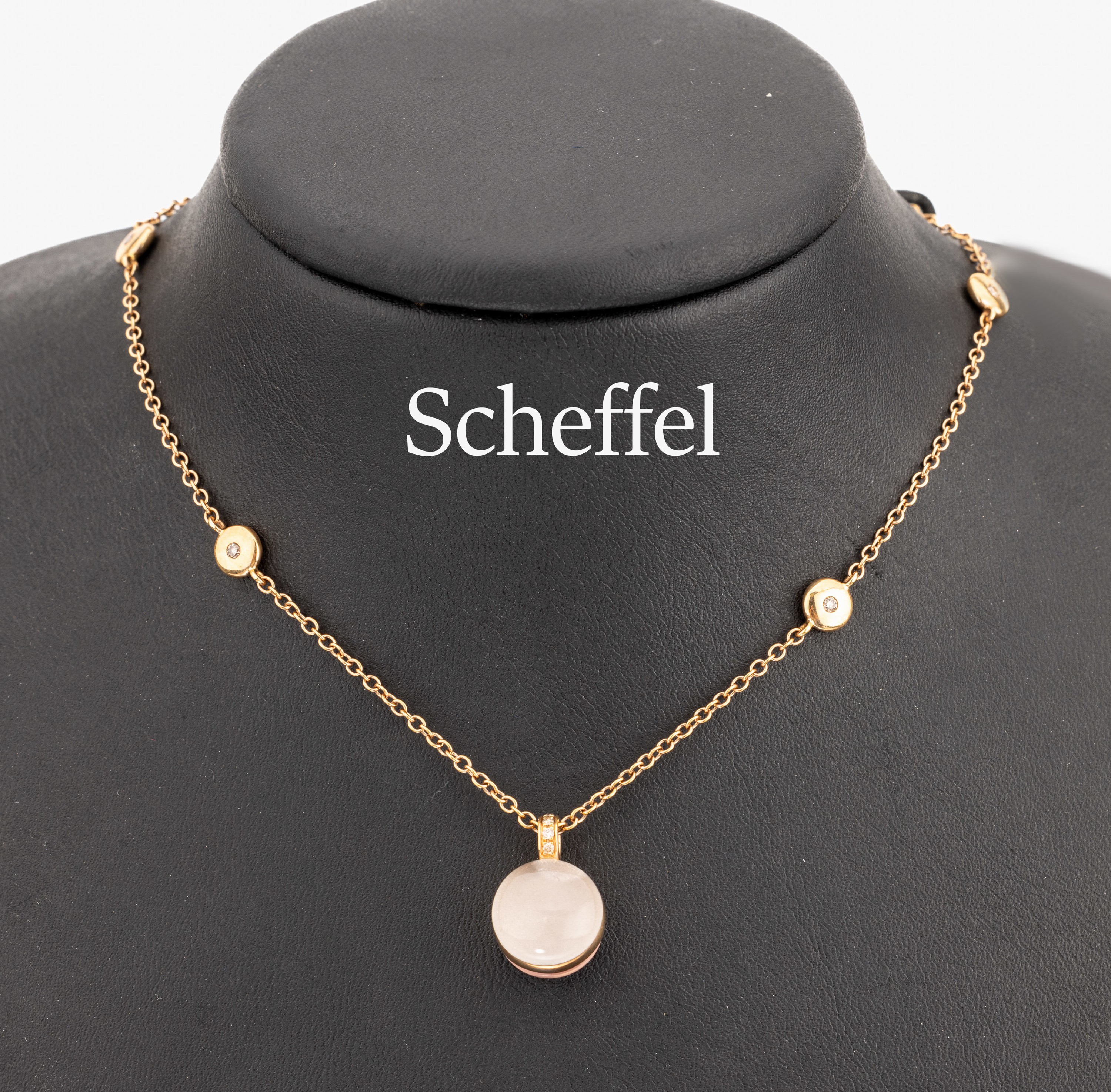 18 kt Gold SCHEFFEL Brillant-Farbstein -Collier, RG 750/000, Anhänger 1 Seite mit Rosenquarzcabochon ca. 6.11 ct und 1 Seite mitRauchquarz ca. 6.18 ...