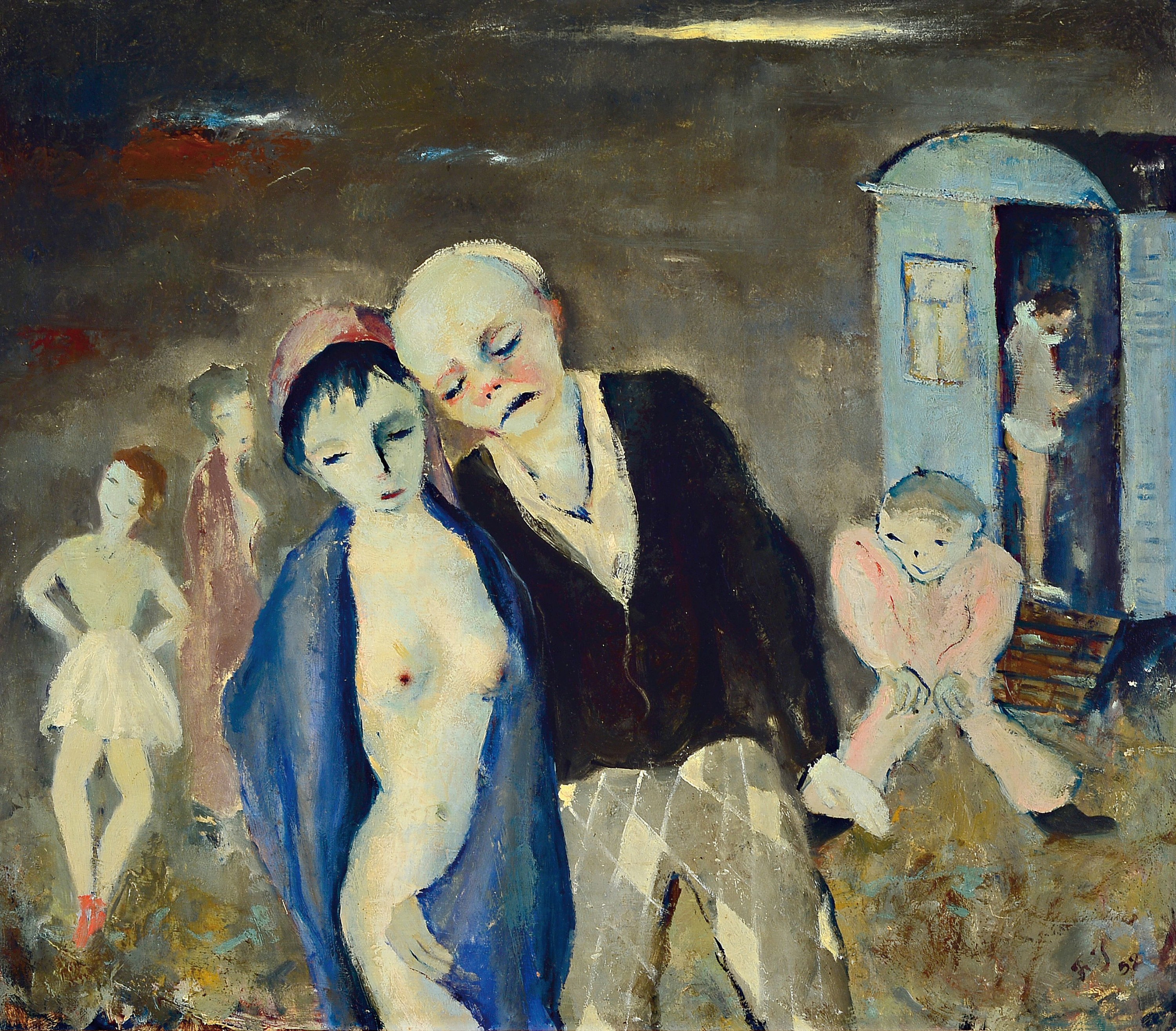 Franz Juncker, 1899 Speyer-1980 Homburg, Figurengruppe Schausteller vor blauem Wagen, rechts unten monogrammiert und datiert 1952, Öl/Masonit, ...