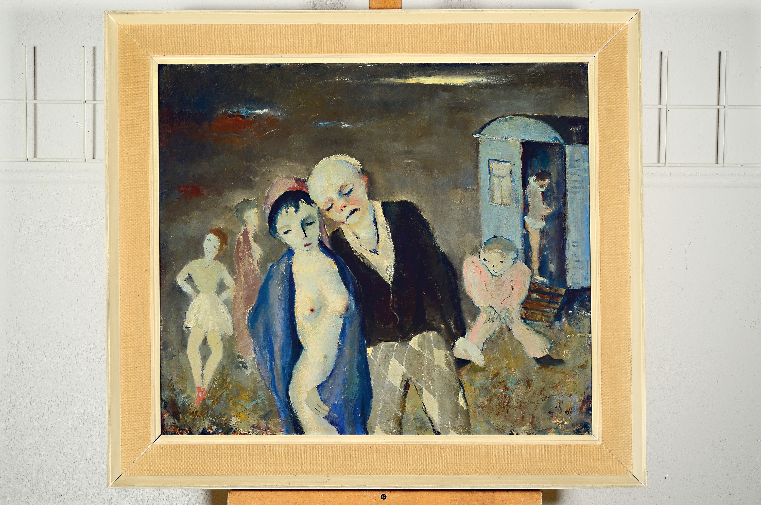 Detail k: Franz Juncker, 1899 Speyer-1980 Homburg, Figurengruppe Schausteller vor blauem Wagen, rechts unten monogrammiert und datiert 1952, Öl/Masonit, ...
