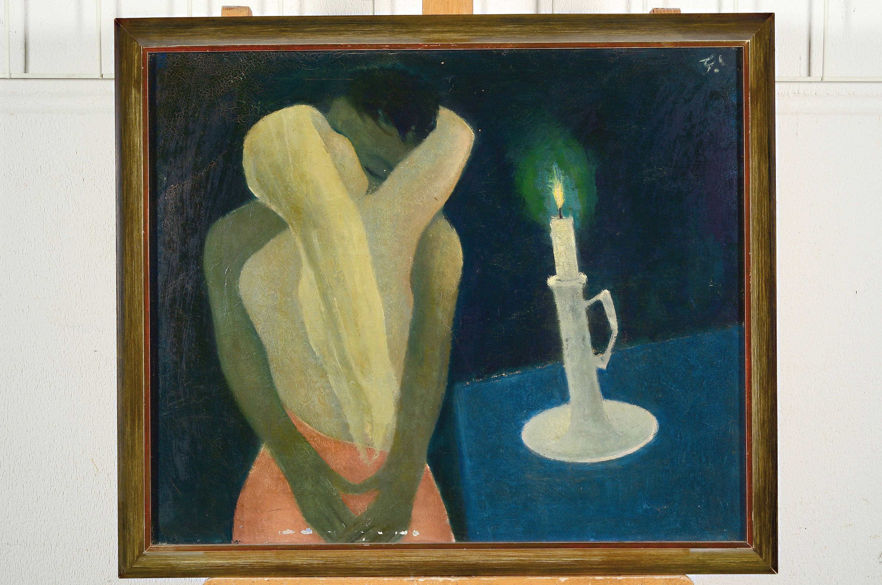 Detail k: Franz Juncker, 1899 Speyer-1980 Homburg, Interieur mit Liebenden im Kerzenschein, 1960er-Jahre, rechts oben monogrammiert, Öl/Lwd, Rahmen 56x66 cm, ...