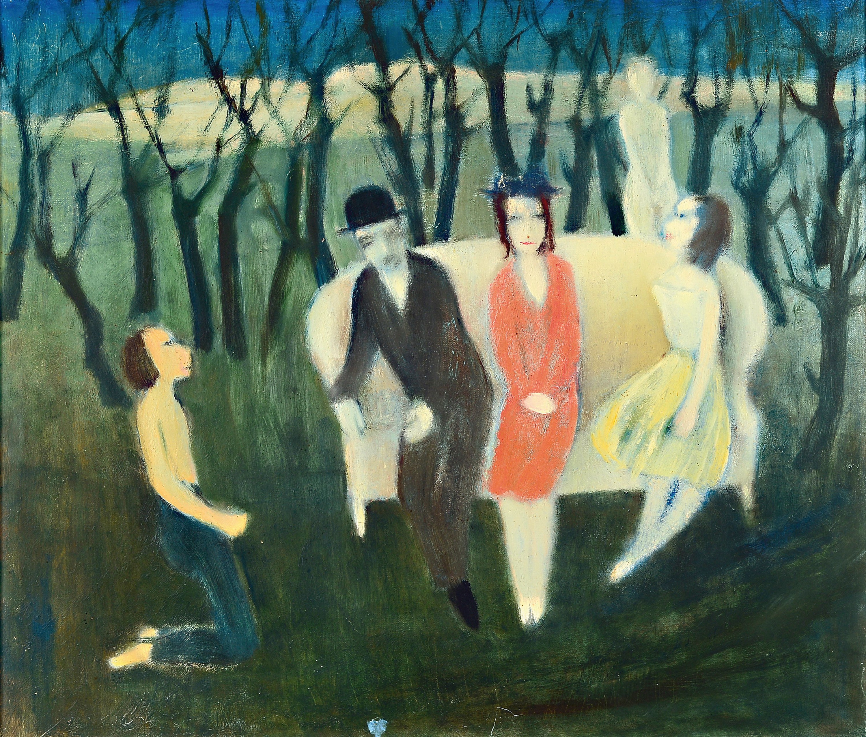 Franz Juncker, 1899 Speyer-1980 Homburg, Figurengruppe auf Sofa im Wald, Öl/Lwd, Rahmen77x86 cm, aus Privatbesitz, beim Künstler erworben
