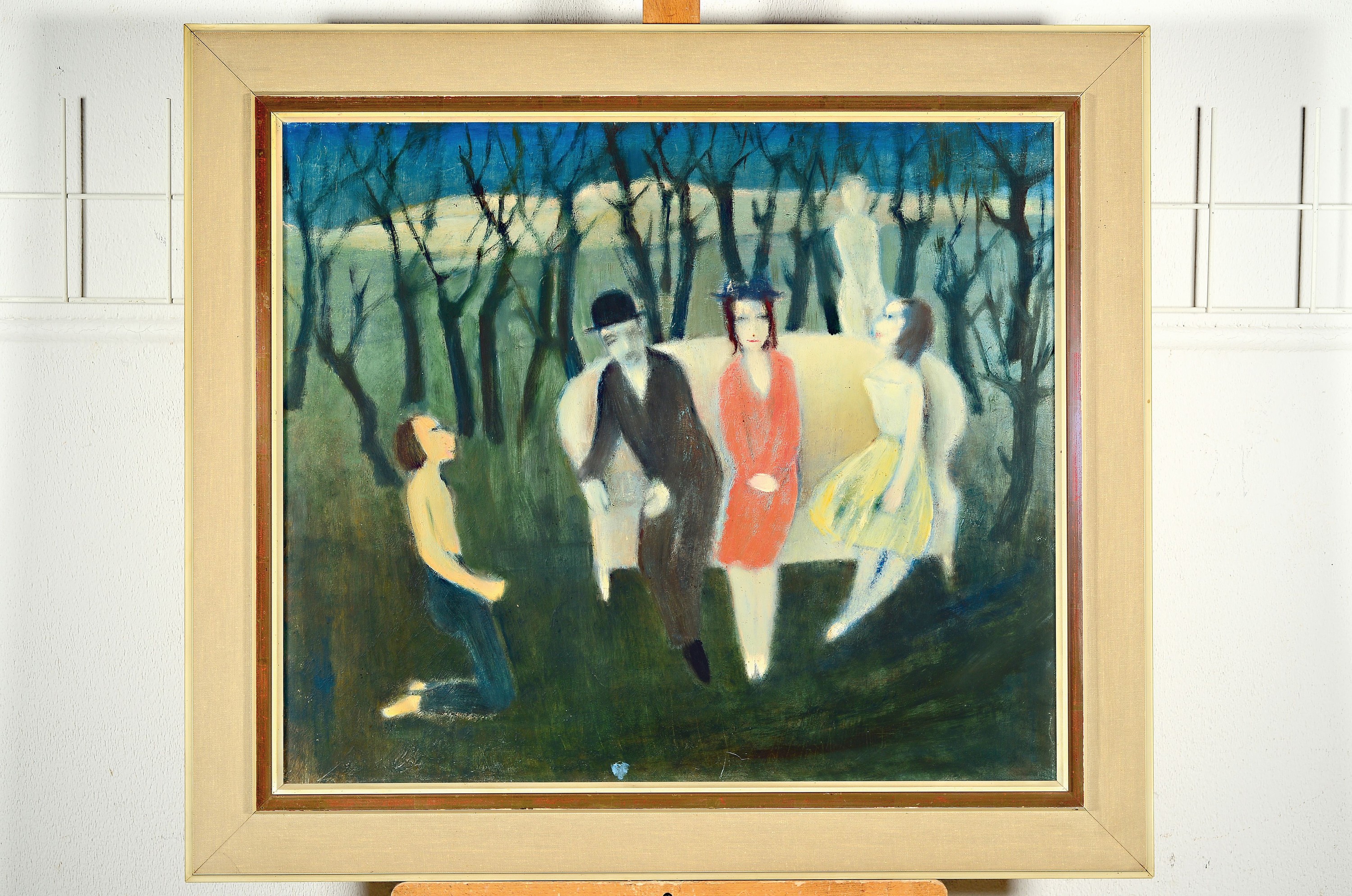 Detail k: Franz Juncker, 1899 Speyer-1980 Homburg, Figurengruppe auf Sofa im Wald, Öl/Lwd, Rahmen77x86 cm, aus Privatbesitz, beim Künstler erworben
