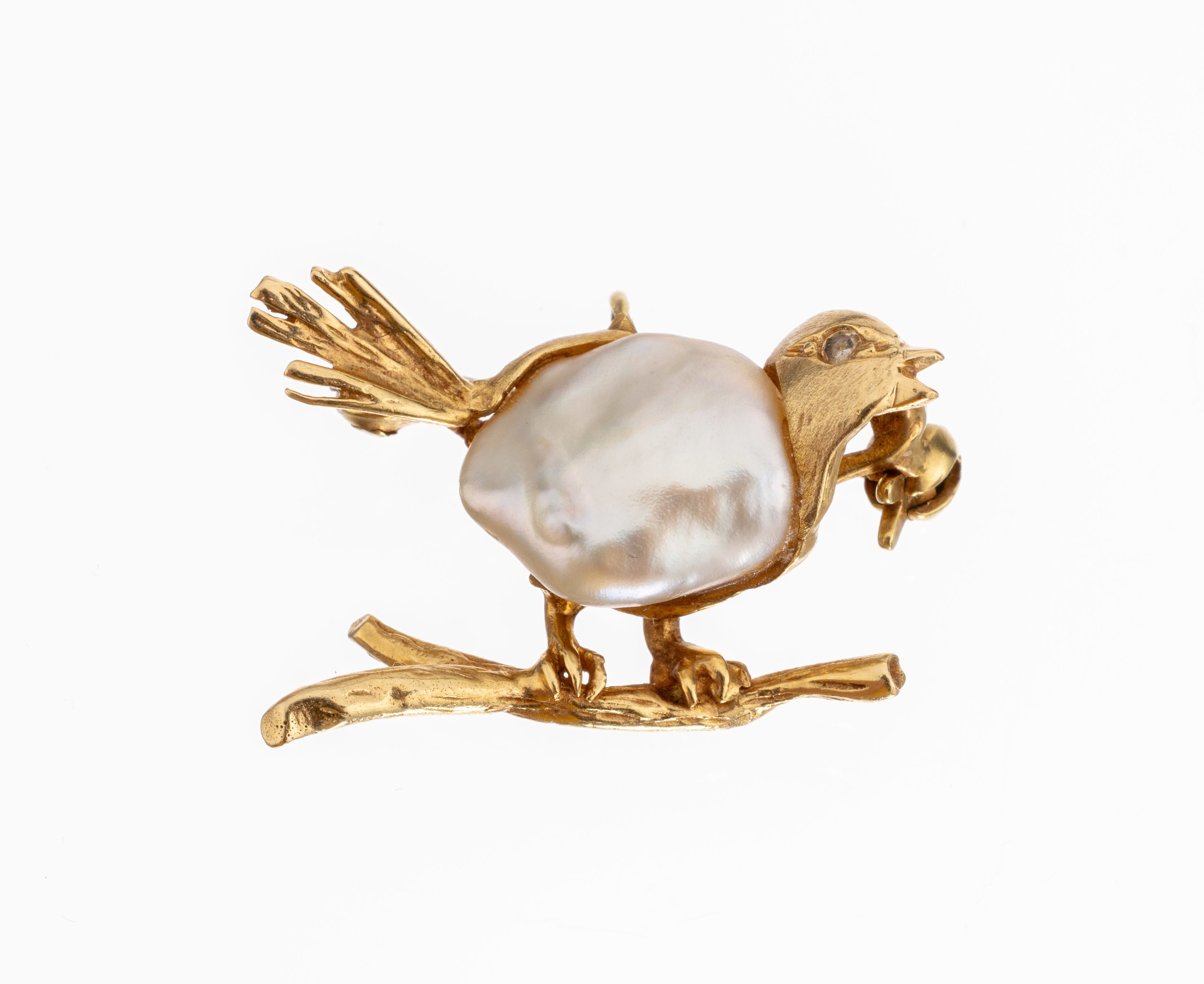 14 kt Gold Perlbrosche "Vogel auf Ast", GG 585/000, Körper mit barocker Süßwasser- zuchtperle, 1 kl. Diamant als Auge, L ca. 2.5 cm, ...