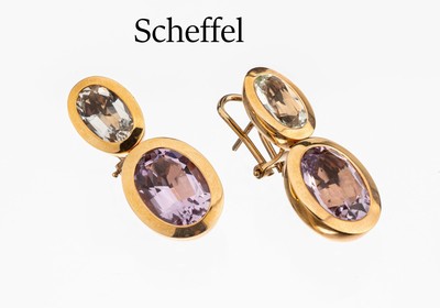 Image Paar 18 kt Gold SCHEFFEL Amethyst-Ohrstecker, GG 750/000, 2 ovalfacett. grünliche ...