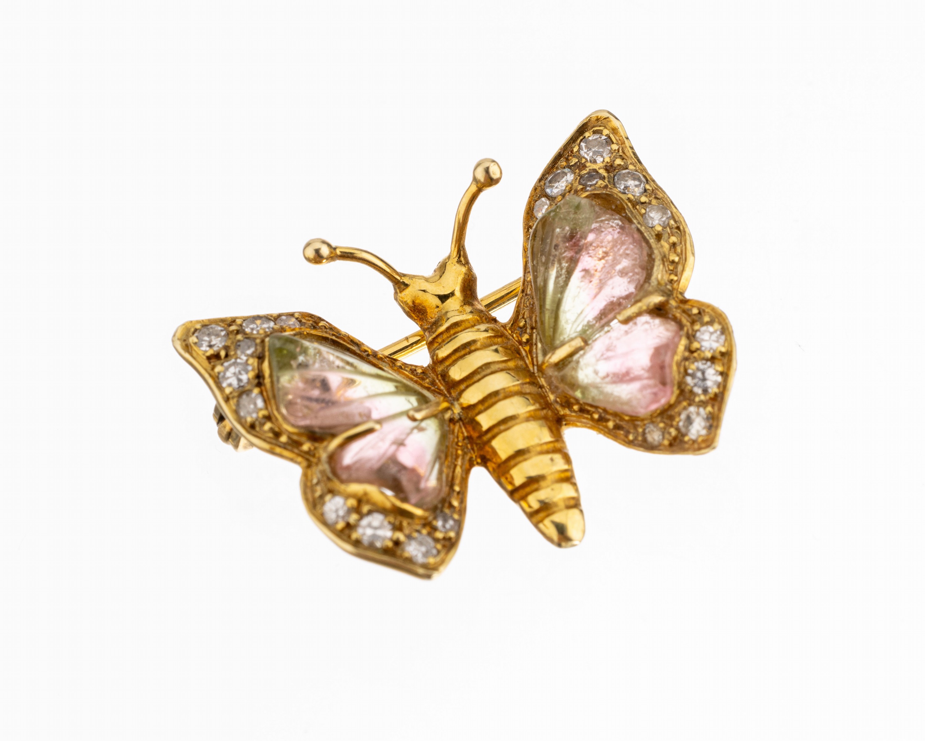 14 kt Gold Turmalin-Diamant-Brosche "Schmetterling", GG 585/000, Flügel mit facett. Wassermelonenturmaline, 20 8/8 -Diamanten zus. ca. ...