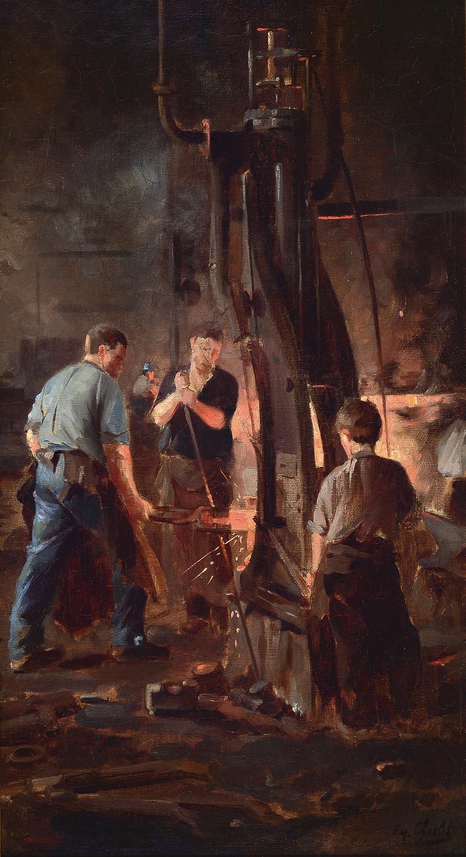Frantz Charlet, 1862 Brüssel-1928 Paris, Industriegemälde, "Eisenprobe bei Stahlabguß" , so auf sekundärem Etikett bez., rechts unten ...