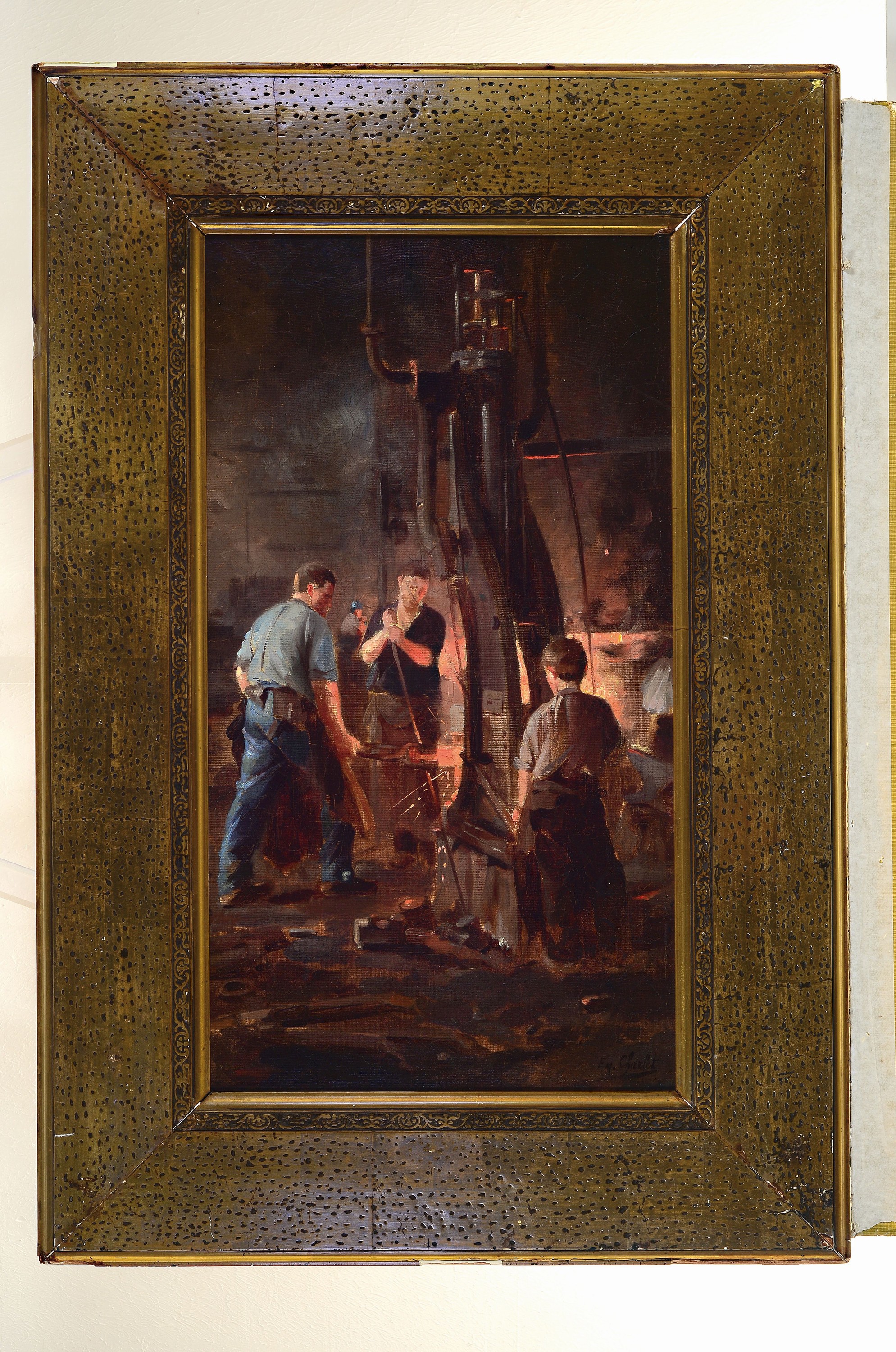 Detail k: Frantz Charlet, 1862 Brüssel-1928 Paris, Industriegemälde, "Eisenprobe bei Stahlabguß" , so auf sekundärem Etikett bez., rechts unten ...