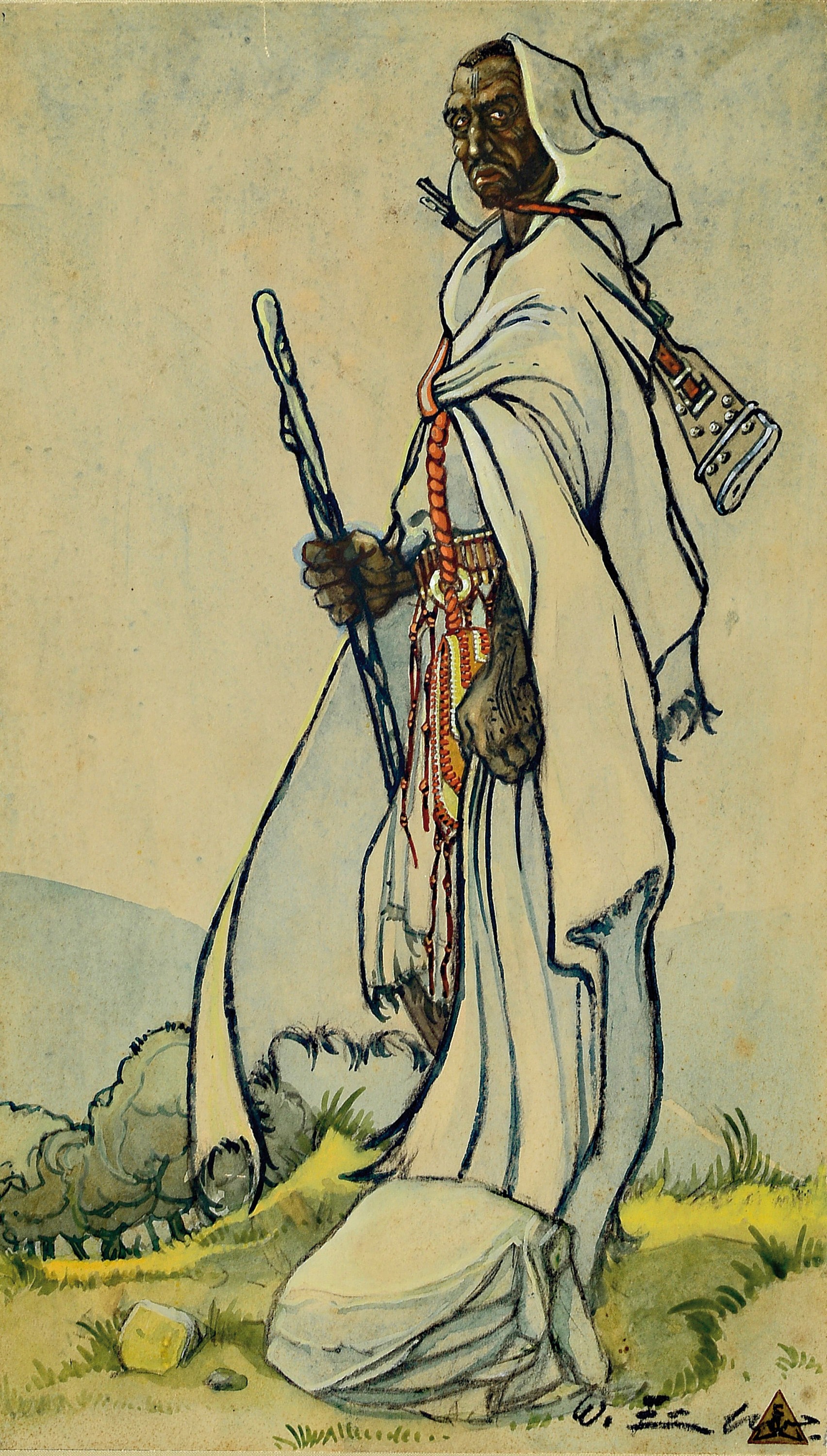 Ungedeuteter Orientalist, Anfang 20.Jh., arabischer Krieger, Aquarell auf Malpappe, rechts unten signiert W. E... und Signet im Dreieck, 40x23 cm, ...