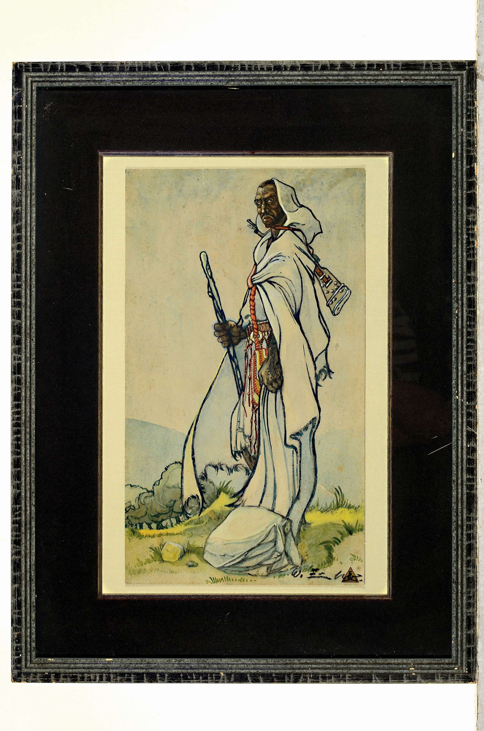 Detail k: Ungedeuteter Orientalist, Anfang 20.Jh., arabischer Krieger, Aquarell auf Malpappe, rechts unten signiert W. E... und Signet im Dreieck, 40x23 cm, ...