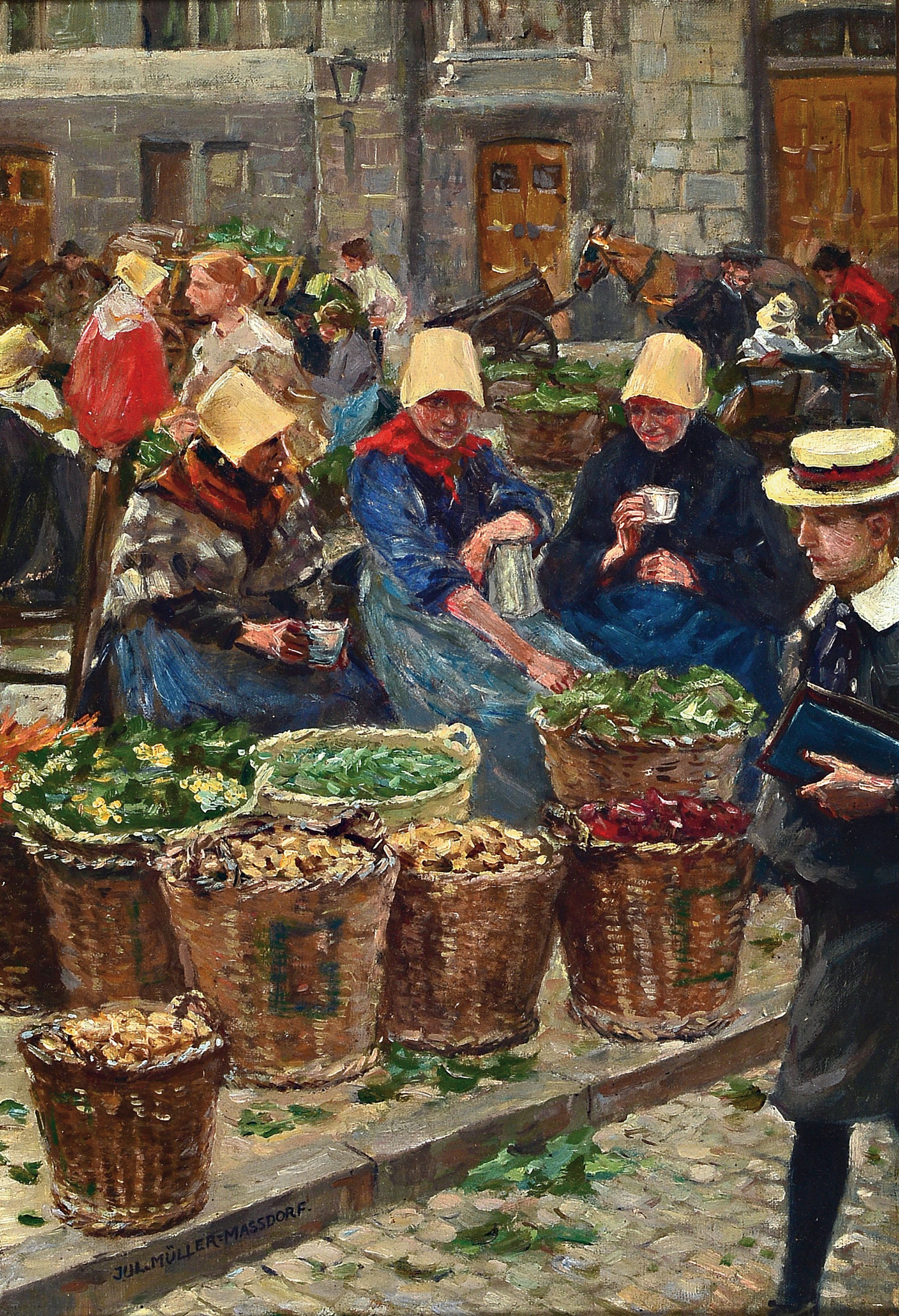Prof. Juluis Müller-Massdorf, 1863-1933 Düsseldorf, holländischer Gemüsemarkt, Flaneur vor einem Stand mit 3 Bäuerinnen, links unten im ...