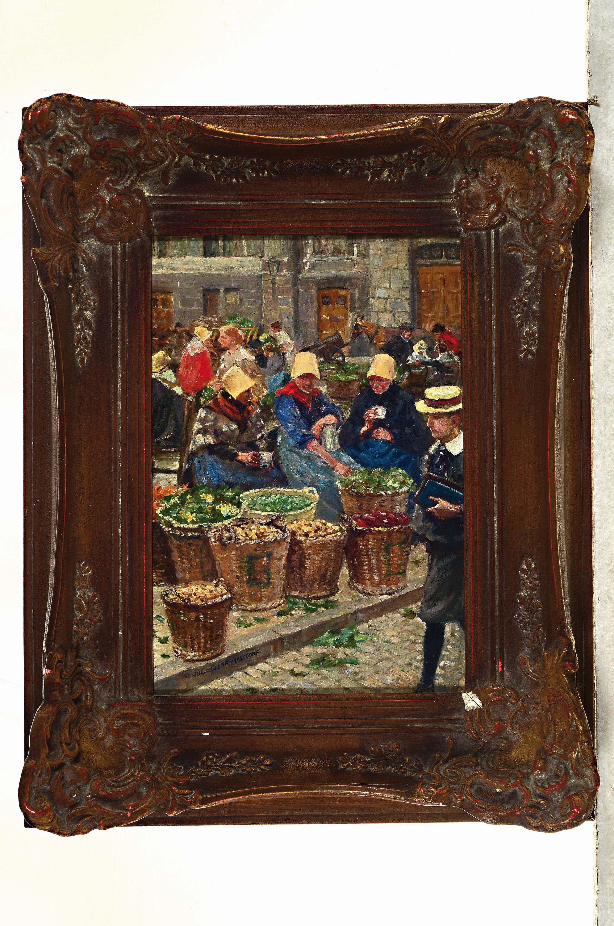 Detail k: Prof. Juluis Müller-Massdorf, 1863-1933 Düsseldorf, holländischer Gemüsemarkt, Flaneur vor einem Stand mit 3 Bäuerinnen, links unten im ...