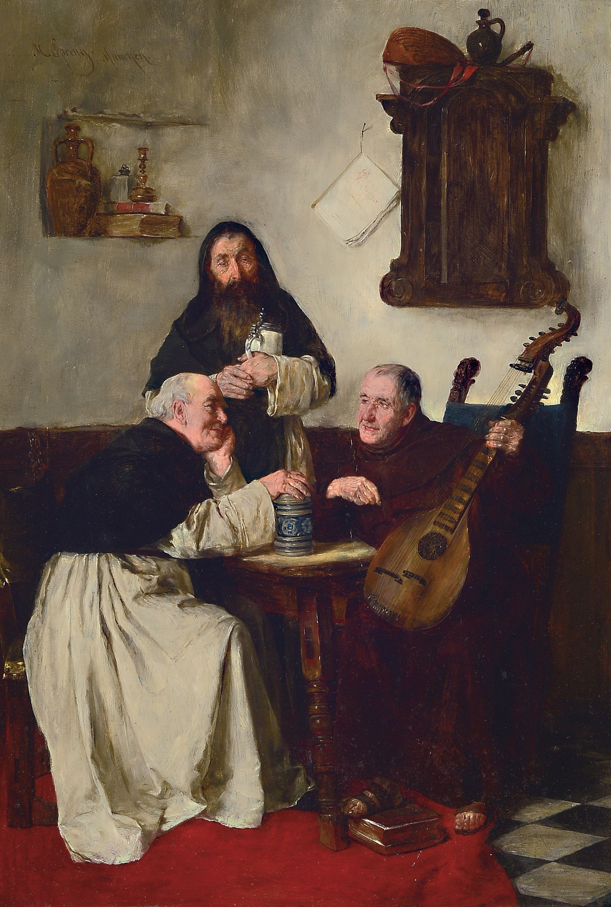Alphons Spring, 1843 Libau-1908 Bad Oeynhausen, Bierprobe, Interieur mit 3 Mönchen beim biersinnigen Zusammensein, gekonnte Charakterisierung der ...