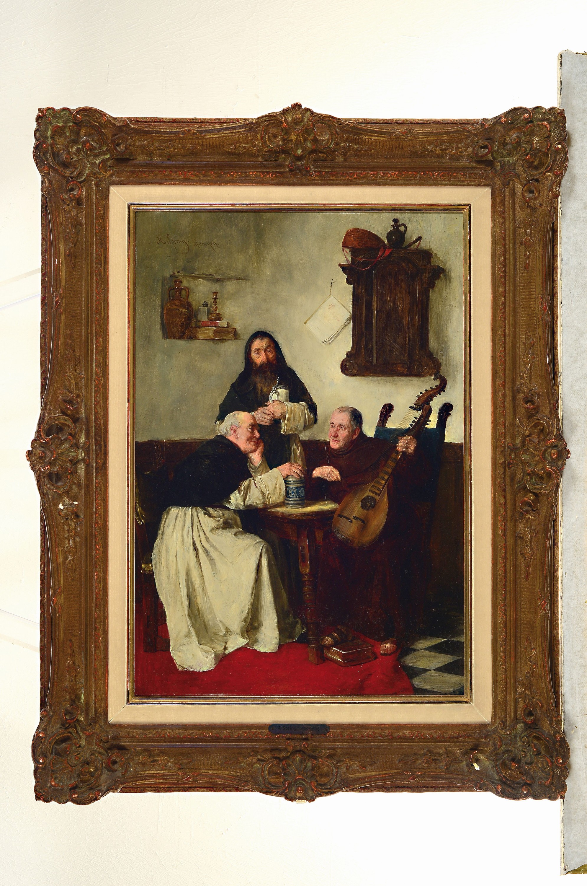 Detail k: Alphons Spring, 1843 Libau-1908 Bad Oeynhausen, Bierprobe, Interieur mit 3 Mönchen beim biersinnigen Zusammensein, gekonnte Charakterisierung der ...