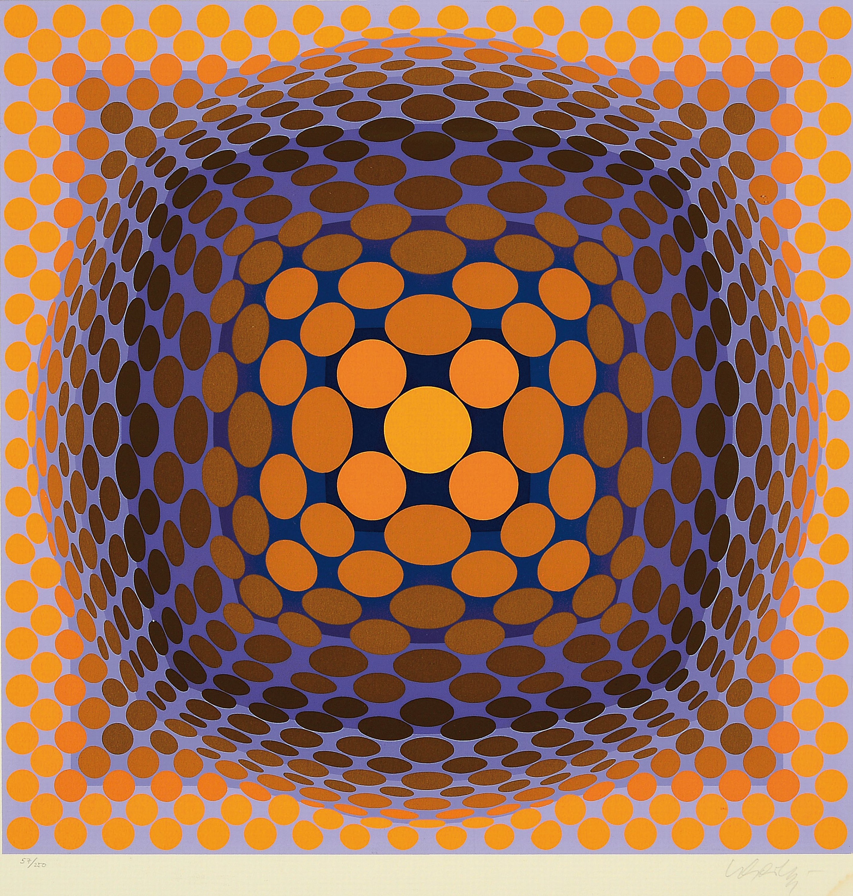 Victor Vasarely, 1908-1997, Farbserigraphie,Ed. 57/250, handsigniert, Wasserschaden (rechte und linke untere Ecke), unter Glas gerahmt, 61x58 cm