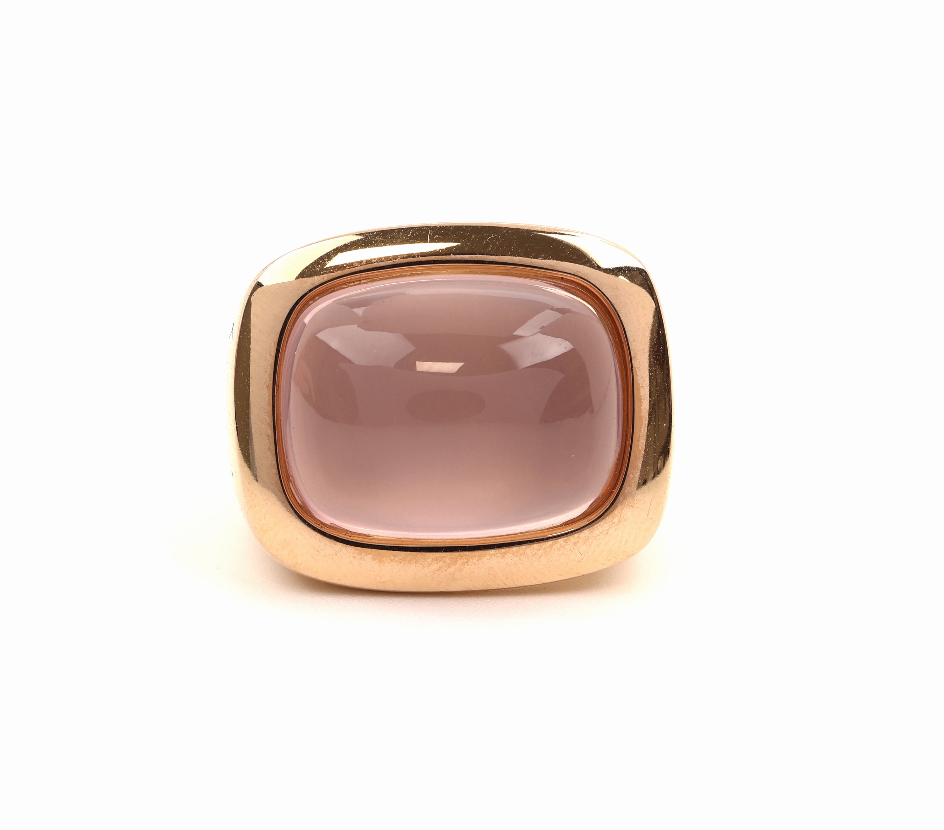 Detail d: 18 kt Gold SCHEFFEL Rosenquarz-Ring, GG 750/000, schwere massive Ausführung, Rosenquarz-Cabochon ca. 15.62 ct, RW 54, ca. 25.8 g