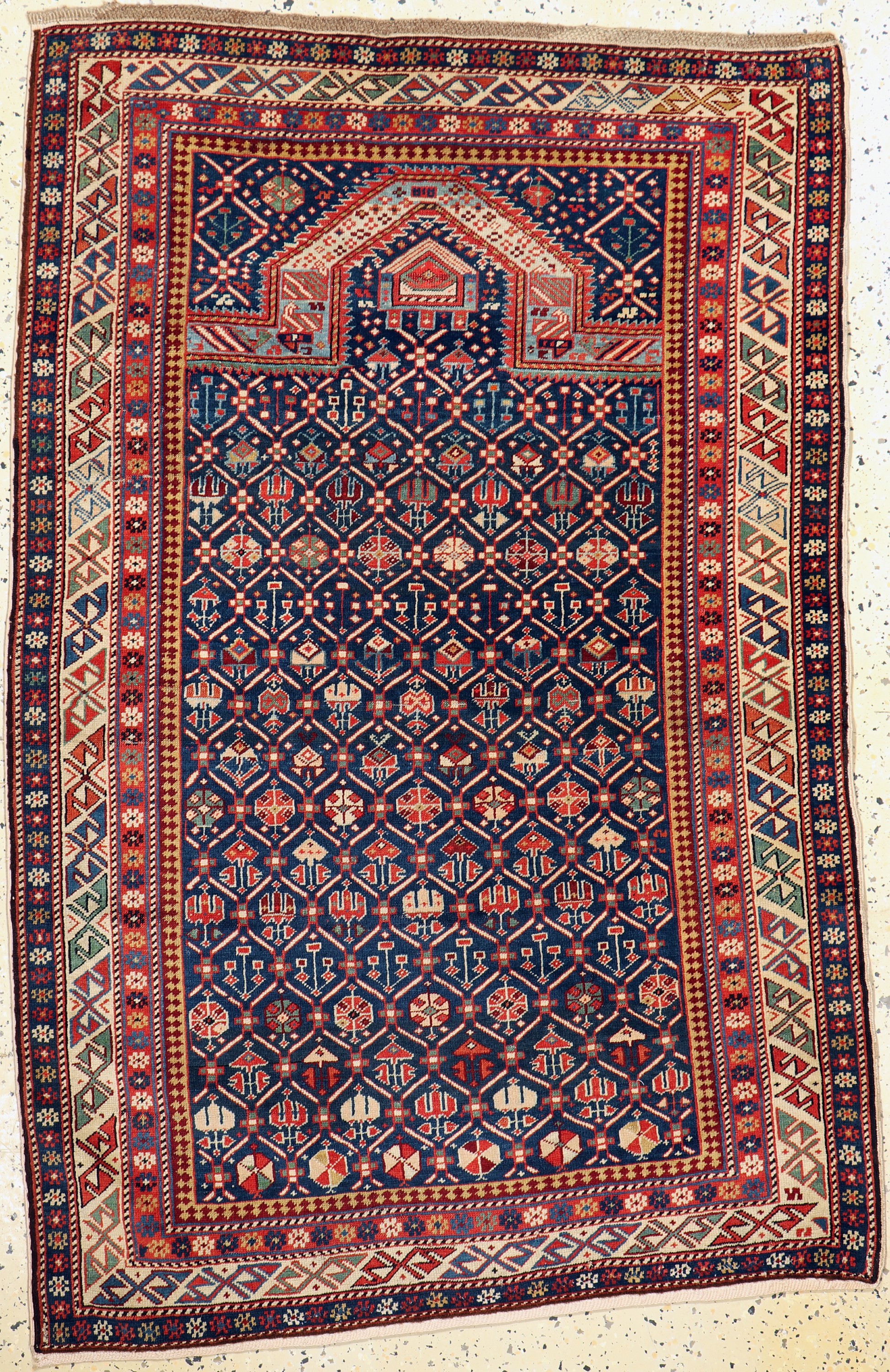 Schirwan"Gebetsteppich", Kaukasus, 19.Jhd, Wolle auf Wolle mit Seiden Highlights, ca. 159x 103 cm, EHZ: 2-3(restauriert).