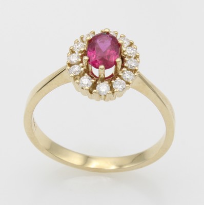 Image Ring mit Rubin und Brillanten, GG 585/000, ovaler Rubin umfasst v. Brill. zus. ca. 0.24 ...