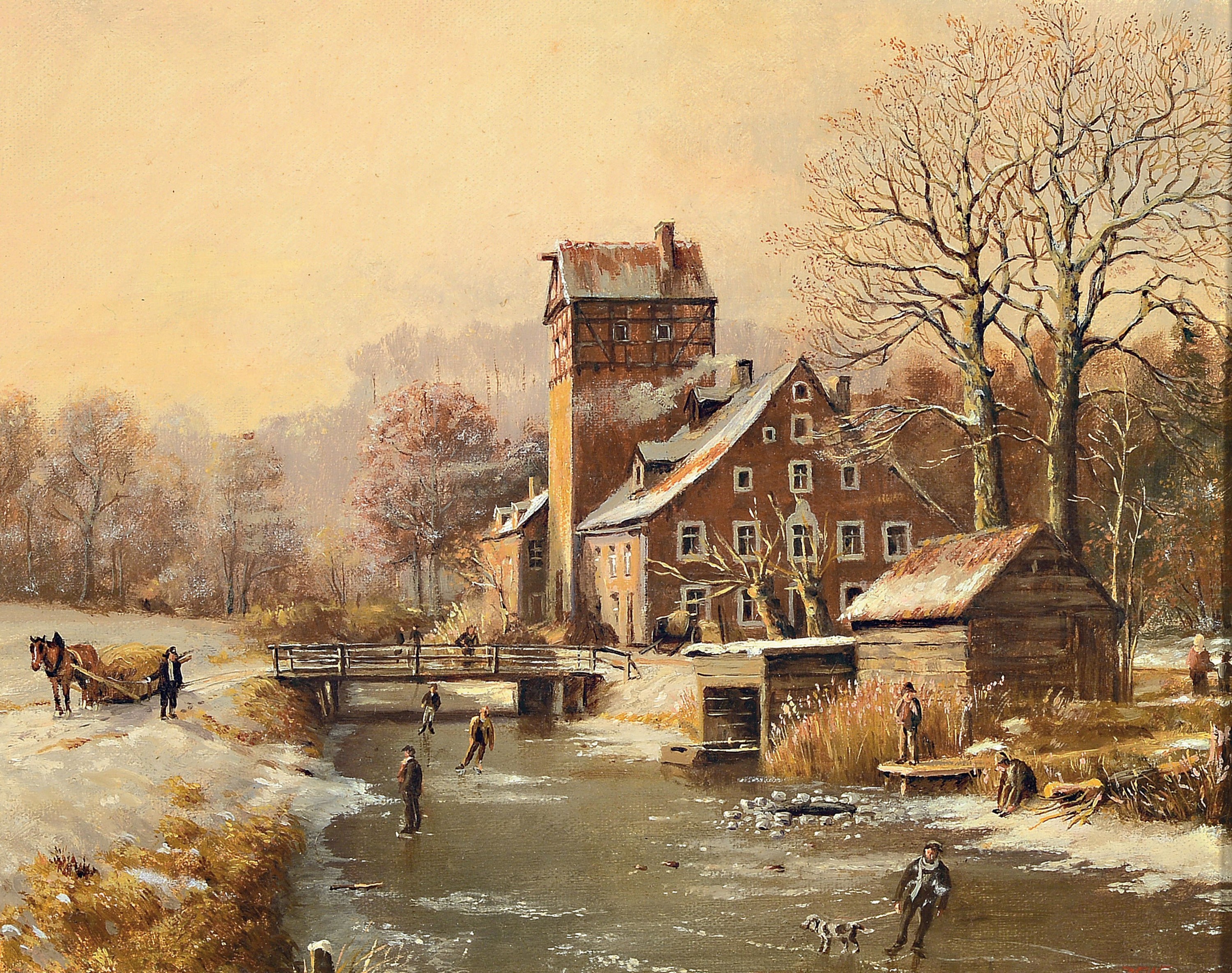 Hans Werner, 1925 München-2016, 2 Ölgemälde, "Wintertag an der Zollmühle bei Ellingen/Franken", 24x30 cm, Rahmen 37x42cm; fränkische ...