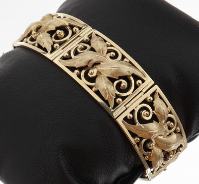 Image 14 kt gold bracelet , YG 585/000, fret work,floral design, partly satin finished and ...