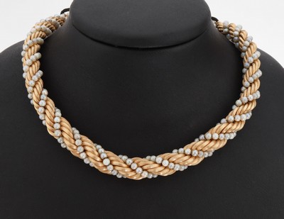 Image 18 kt gold cultured pearl-necklace , YG 750/000, structured, braided, cultured pearls ...