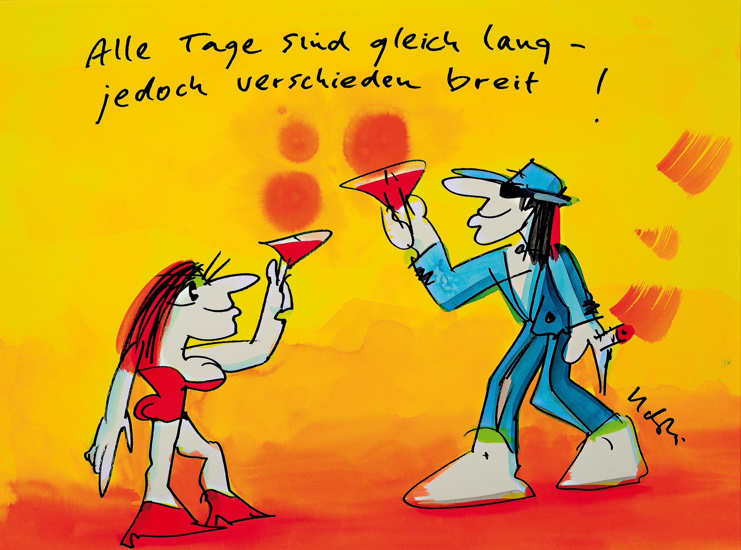 Udo Lindenberg, geb. 1946 Gronau, sog. "Lindenwerk", Unikat, Likörell und Aquarell auf Papier, "Alle Tage sind gleich lang - jedoch ...