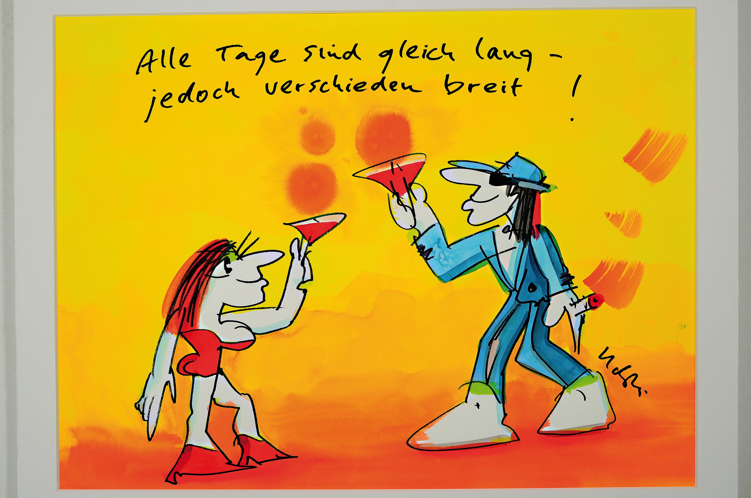 Detail k: Udo Lindenberg, geb. 1946 Gronau, sog. "Lindenwerk", Unikat, Likörell und Aquarell auf Papier, "Alle Tage sind gleich lang - jedoch ...