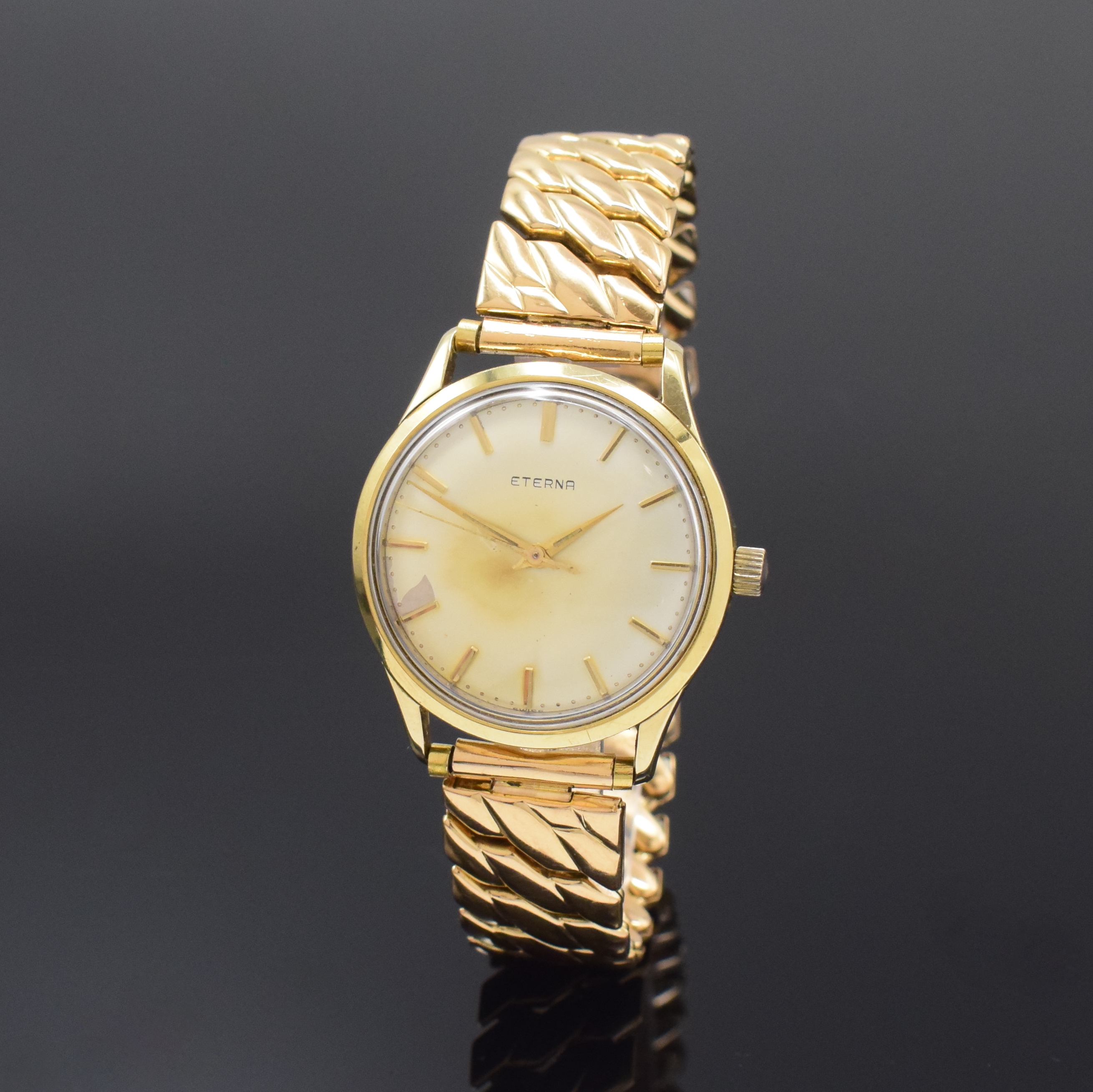 ETERNA Herrenarmbanduhr in GG 585/000 Referenz 606 BT an GG 750/000 Flexband, Handaufzug, Schweiz Ende 1950er Jahre, Boden m. Widmungsgravur ...