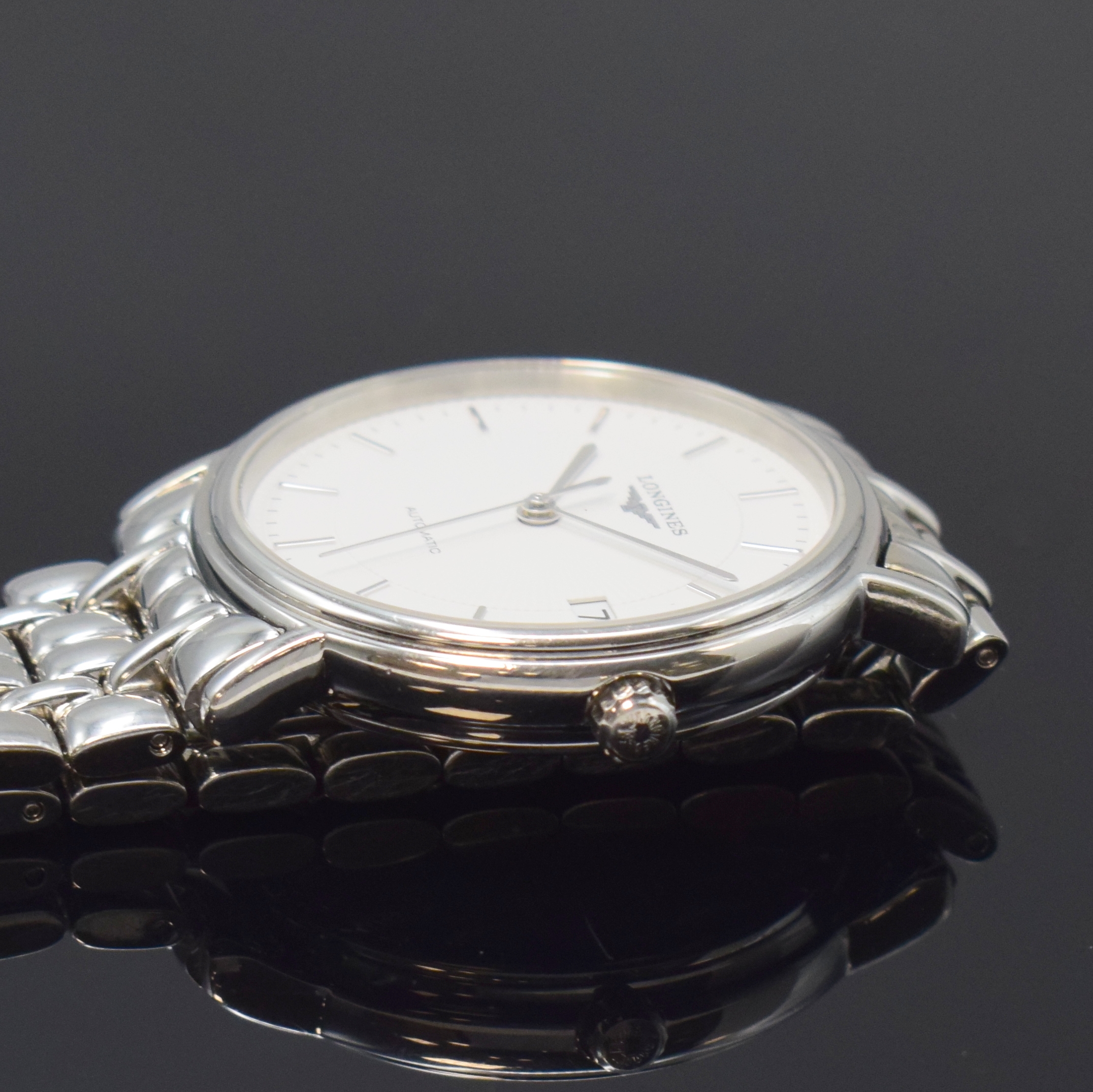 Detail c: LONGINES Elegance Armbanduhr Referenz L4.721.4, Automatik, Schweiz um 2010, Edelstahlgeh. inkl. Gliederband m. dopp. Faltschl., Saphirglas, Boden ...