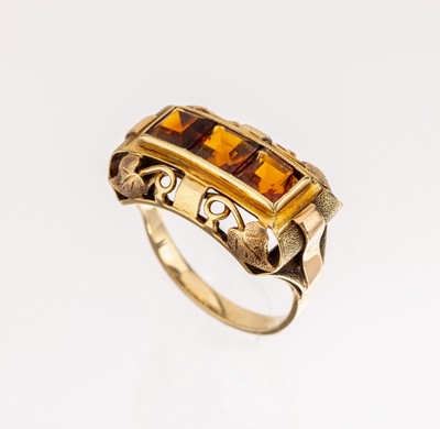 Image 14 kt Gold Citrin-Ring, deutsch um 1940er Jahre, GG 585/000, 3 facett. ...