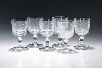 Image 6 white wine glasses, KPM Berlin, model Kurland, colorless crystal glass cut and ground, ...