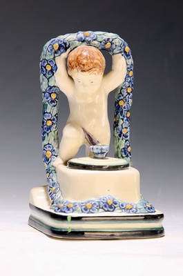 Image Inkwell, Karlsruhe majolica, designed by Süs, numbered. 1220, putto with flowers, ...