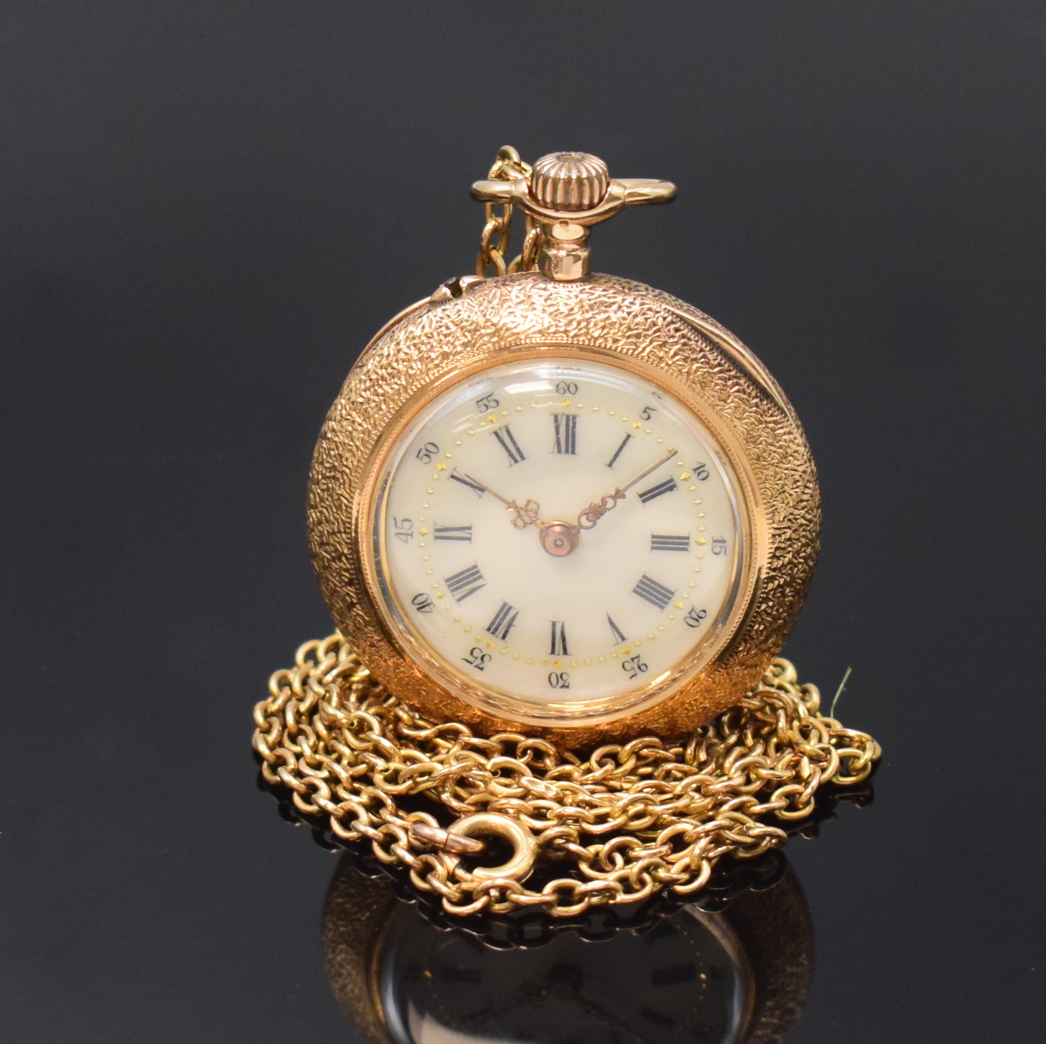 A.Lansel, Zürich, Damentaschenuhr in RoseG 750/000 an Kette in GG 333/000, Schweiz um 1900, fein-grav. 2-Deckel Goldgeh. dell., rücks. ...