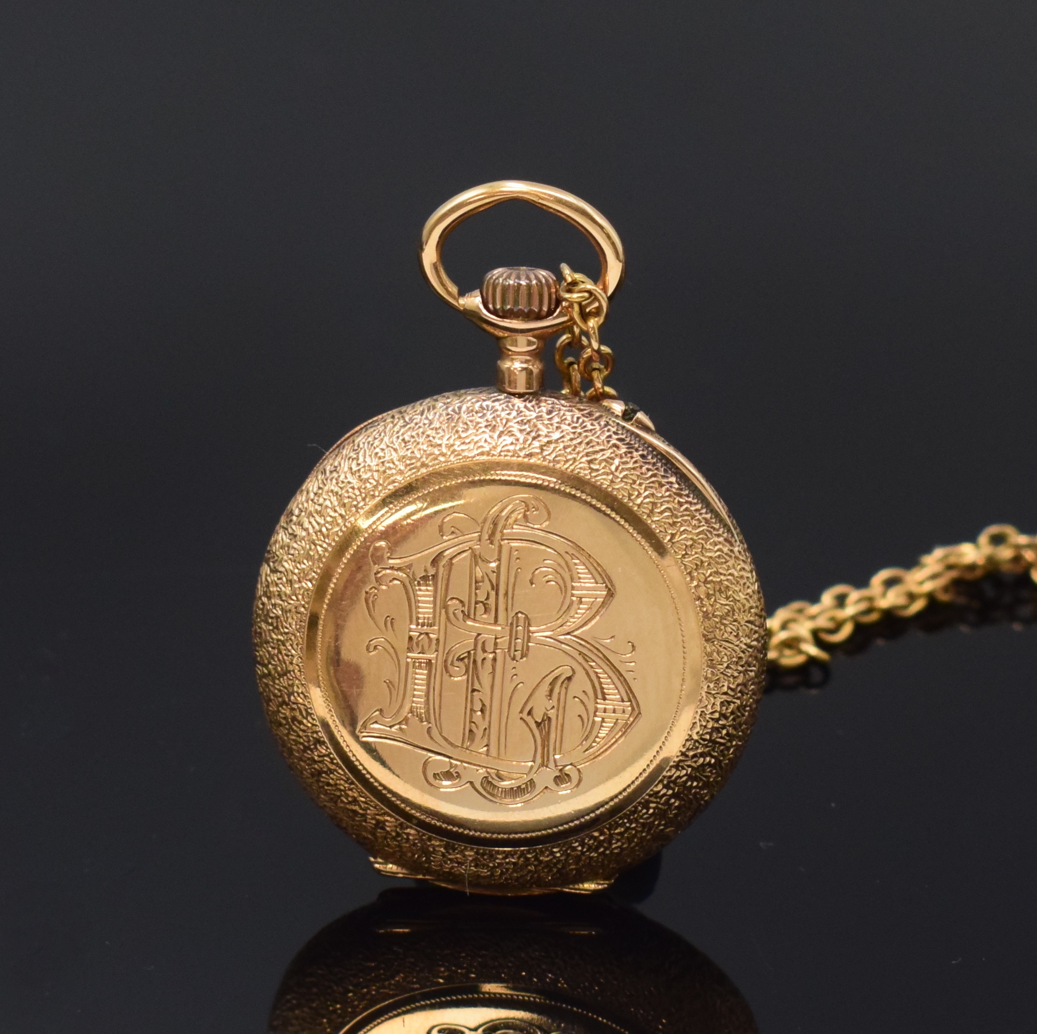 Detail a: A.Lansel, Zürich, Damentaschenuhr in RoseG 750/000 an Kette in GG 333/000, Schweiz um 1900, fein-grav. 2-Deckel Goldgeh. dell., rücks. ...