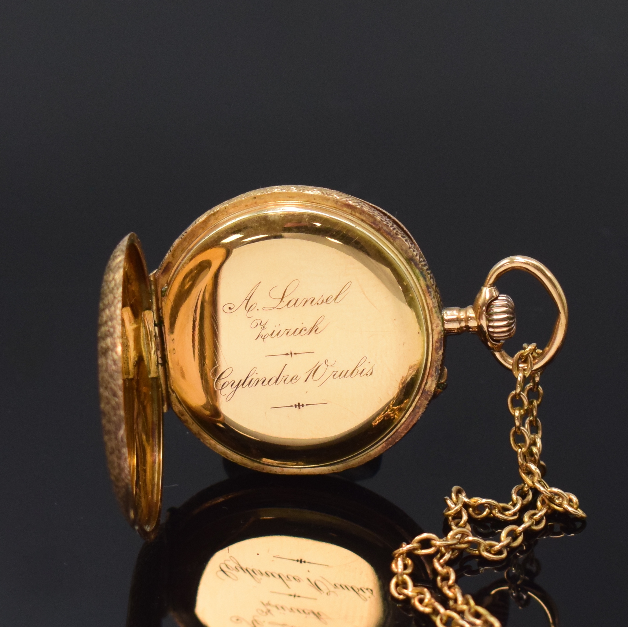 Detail c: A.Lansel, Zürich, Damentaschenuhr in RoseG 750/000 an Kette in GG 333/000, Schweiz um 1900, fein-grav. 2-Deckel Goldgeh. dell., rücks. ...