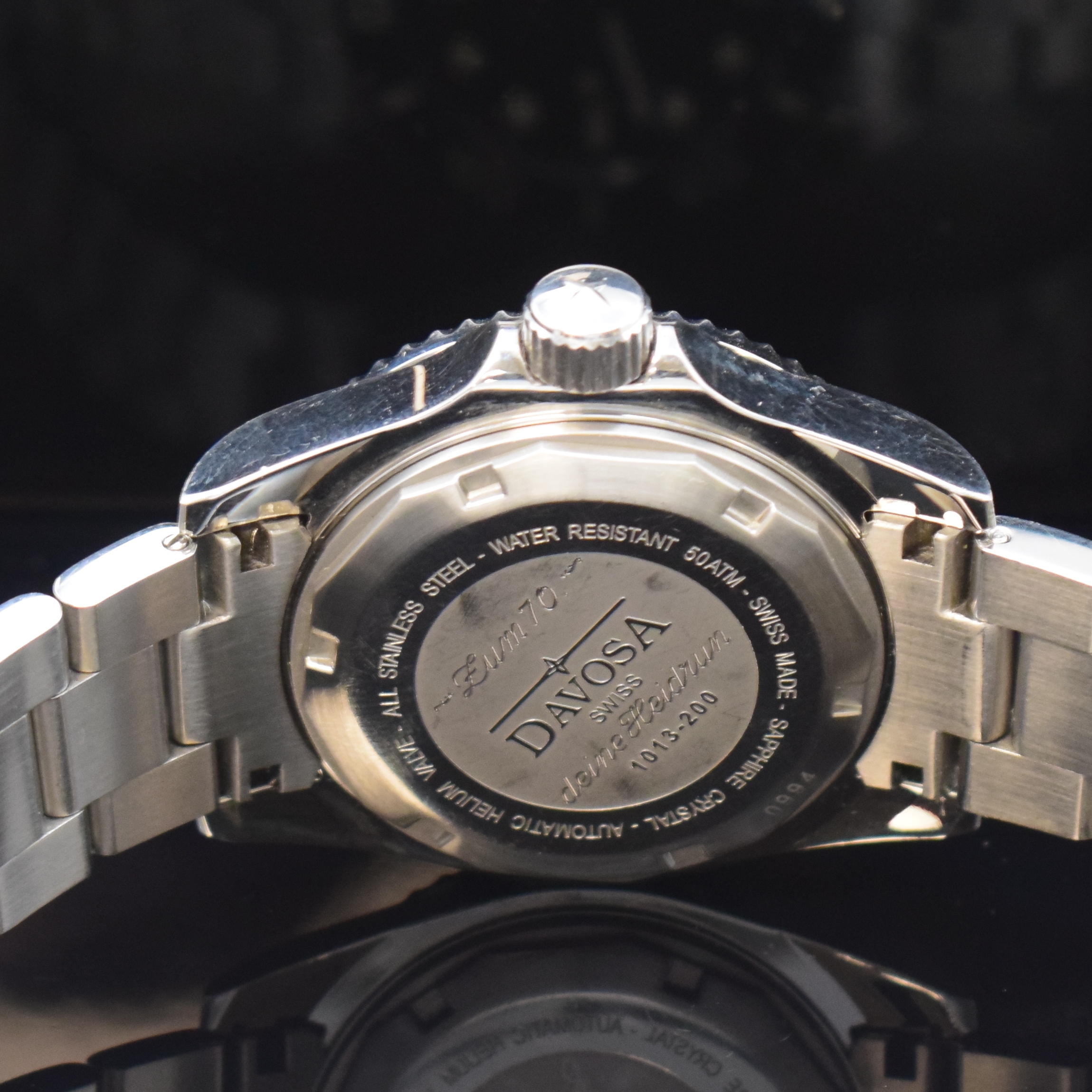 Detail d: DAVOSA Herrenarmbanduhr Ternos, Schweiz um 2017, Automatik, Edelstahlgeh. inkl. orig. Gliederband m. Faltschl. u. Tauchverlängerung, Boden m. ...