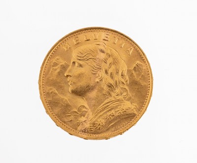 Image Gold coin 20 Swiss Francs Switzerland 1922 ,so-called Vreneli, Helvetia, impressed mark B