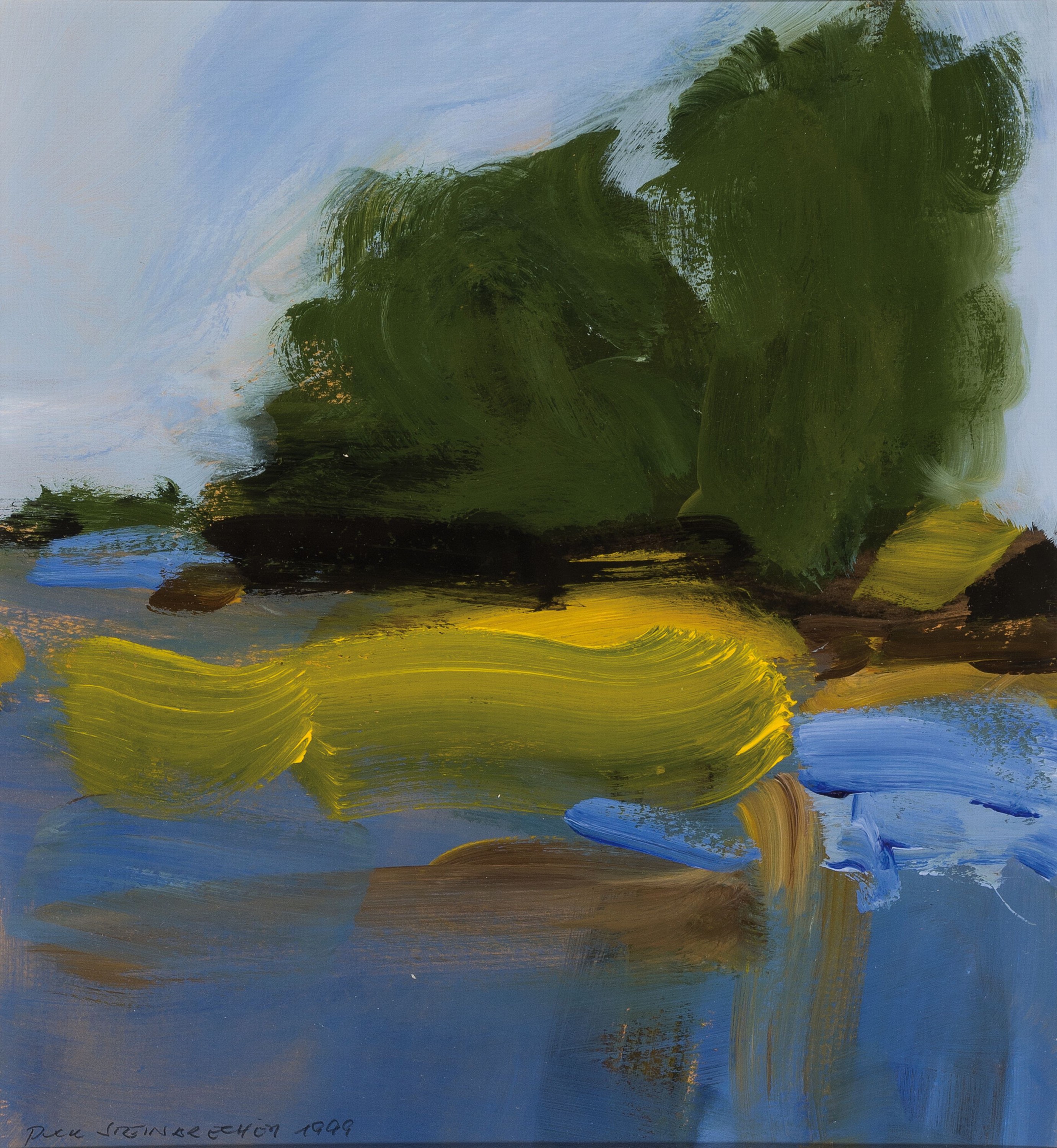 Puck Steinbrecher, geb. 1950, abstrakte Landschaft, Gouache auf Papier, links unten sign. und dat. 1999, ca. 28x26cm, PP, u.Gl., R. ca. 63x53cm, ...